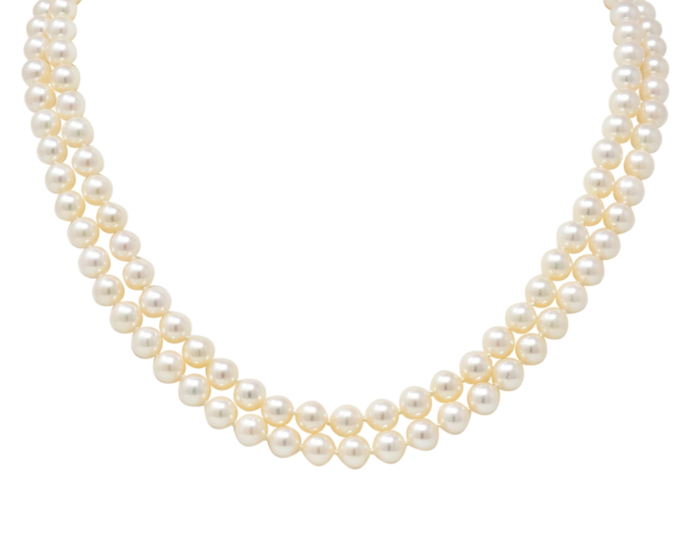 Designed as two knotted strands of round cultured pearls measuring approximately 5.5 mm

Pearls are very well matched, cream in body color with rosé overtones and excellent luster

Completed by a stylized “X” slide clasp

Fully signed Tiffany & Co.