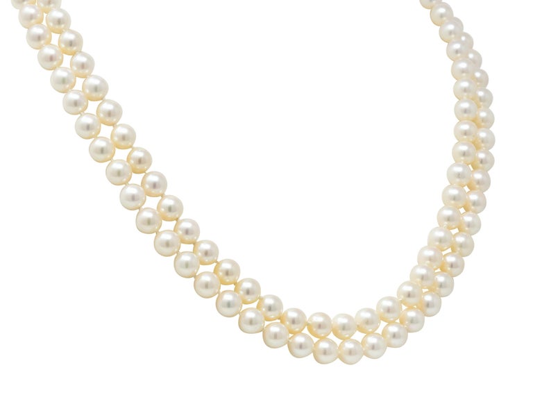 Vintage Tiffany & Co. Cultured Pearl 18 Karat Gold Double Strand Necklace In Excellent Condition In Philadelphia, PA