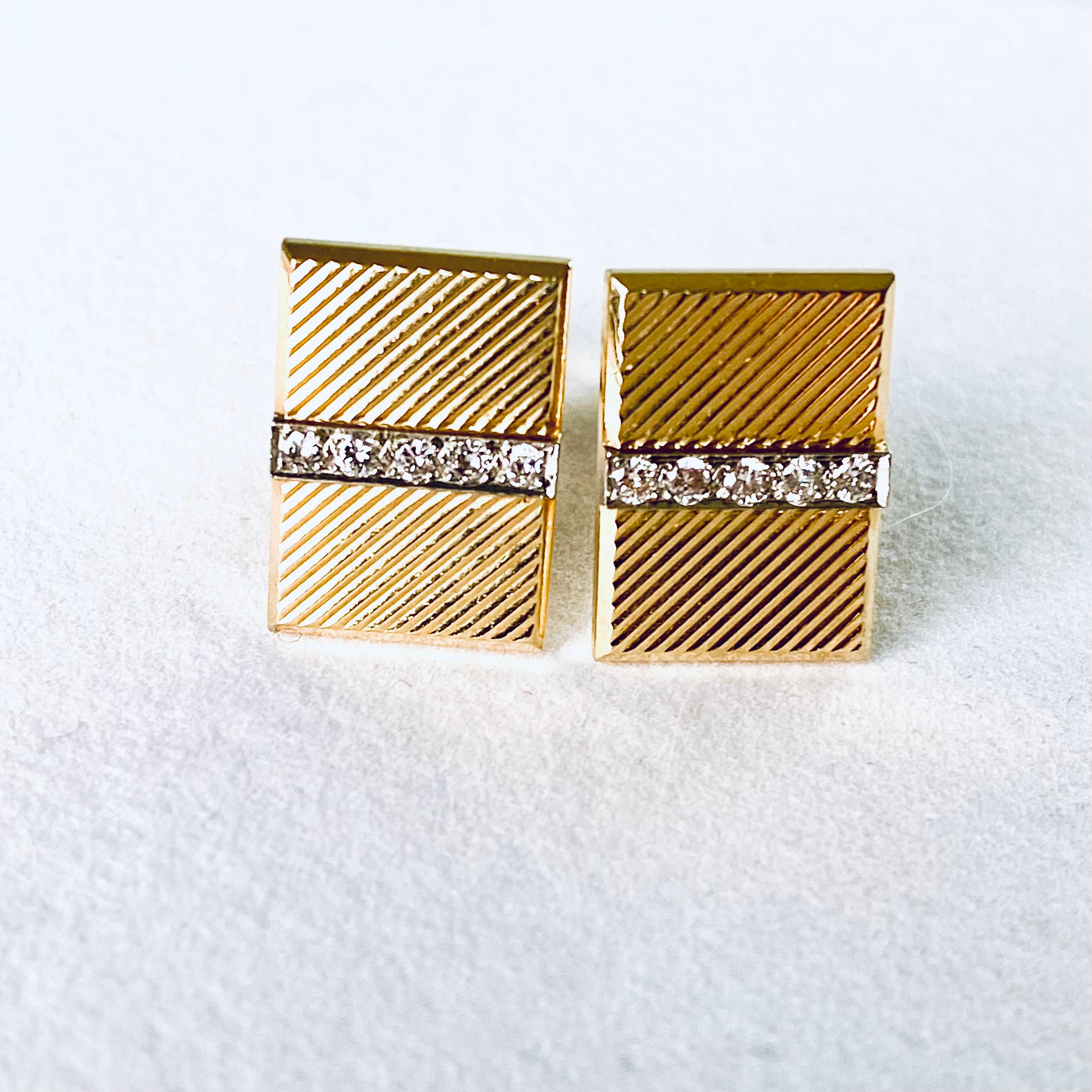 Women's or Men's Vintage Tiffany Co Diamond 14 Karat Gold Diagonal Ridges Cufflinks Serial 12753 For Sale