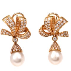 Vintage Tiffany & Co. Diamond 18 Karat Yellow Gold Pearl Drop Ribbon Earrings