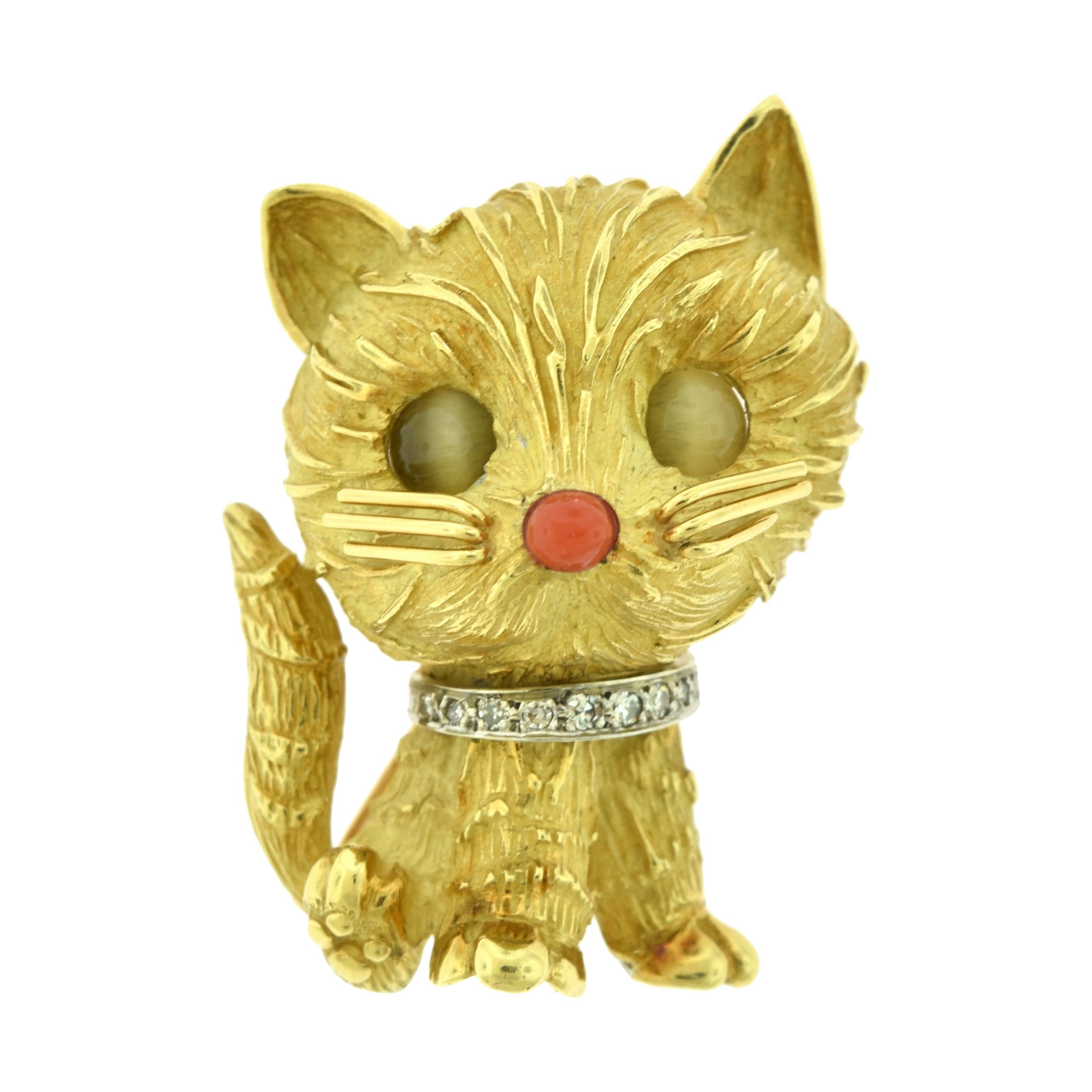 Vintage Tiffany & Co. Diamond and Coral Cat Brooch in 18 Karat Yellow Gold