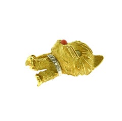Vintage Tiffany & Co. Diamond and Coral Cat Brooch in 18 Karat Yellow Gold