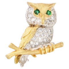 Vintage Tiffany & Co Diamond and Emerald Owl Brooch in 18k Yellow Gold