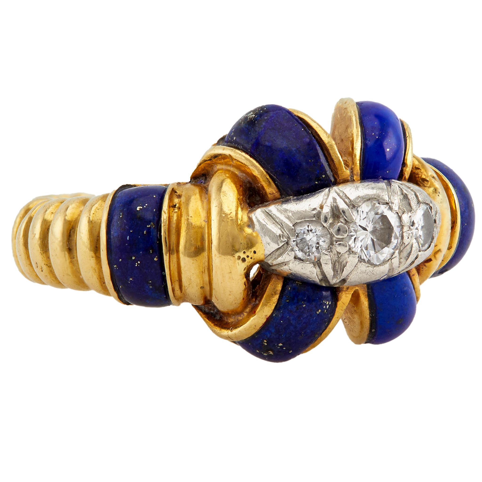 Women's or Men's Vintage Tiffany & Co. Diamond and Lapis 18K Yellow Gold Platinum Ring