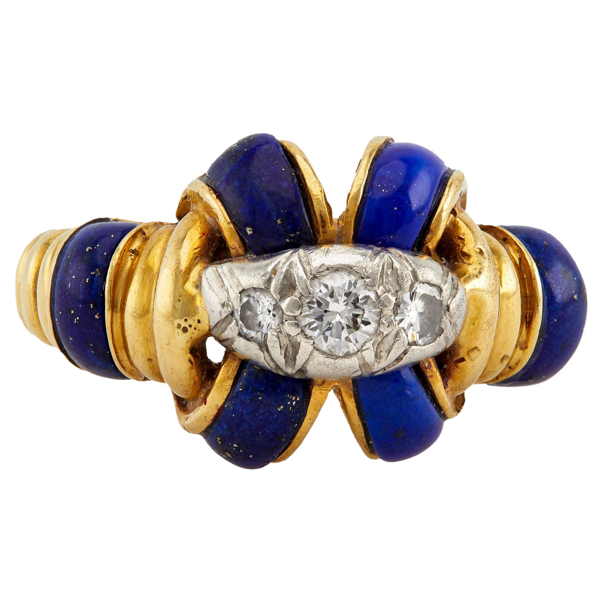 Vintage Tiffany and Co. Diamond and Lapis 18K Yellow Gold Platinum Ring