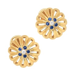 Tiffany Co, boucles d'oreilles florales vintage en or jaune 18 carats, diamants et saphirs