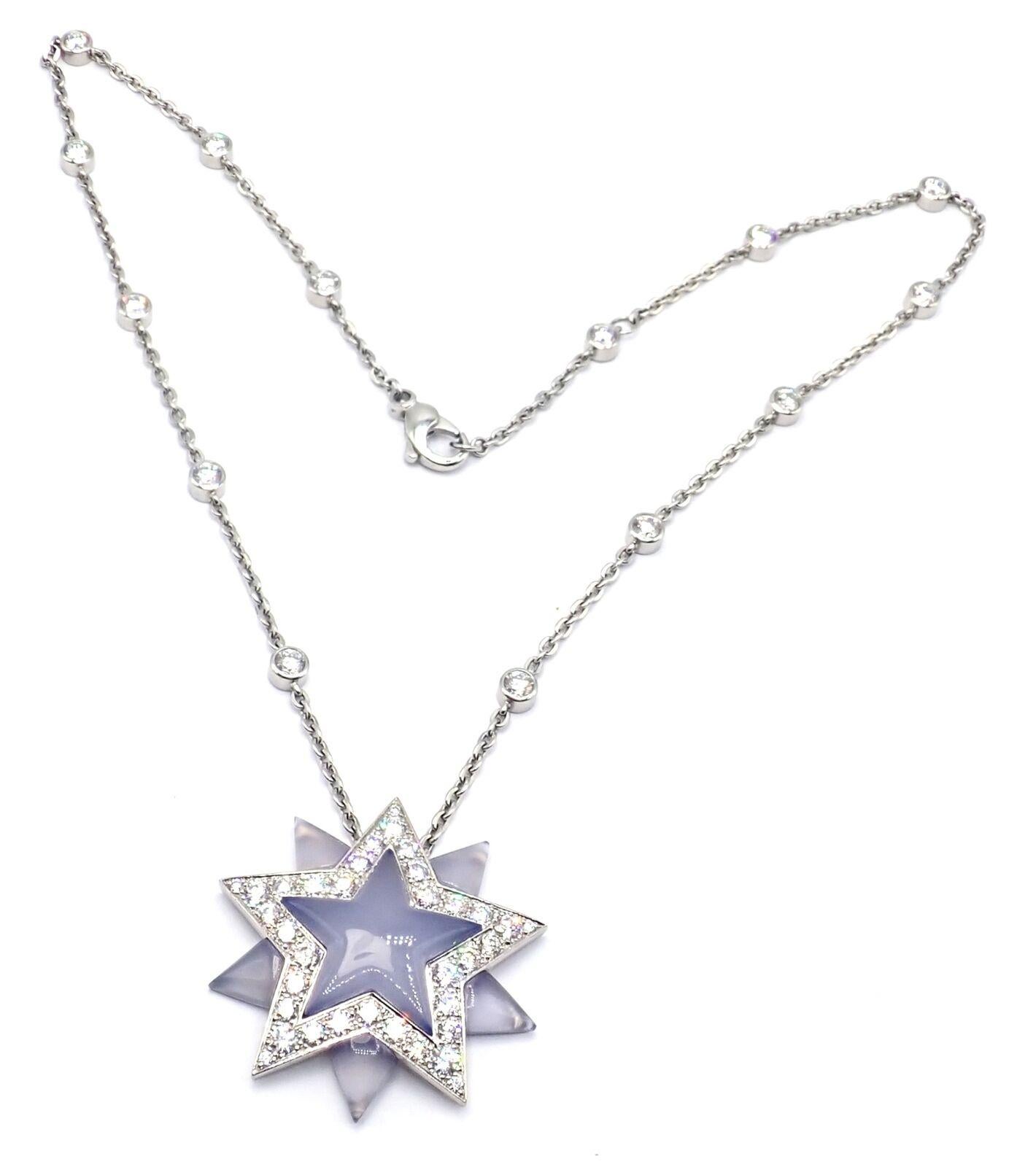 Brilliant Cut Vintage Tiffany & Co. Diamond Blue Chalcedony Platinum Star Pendant Necklace For Sale