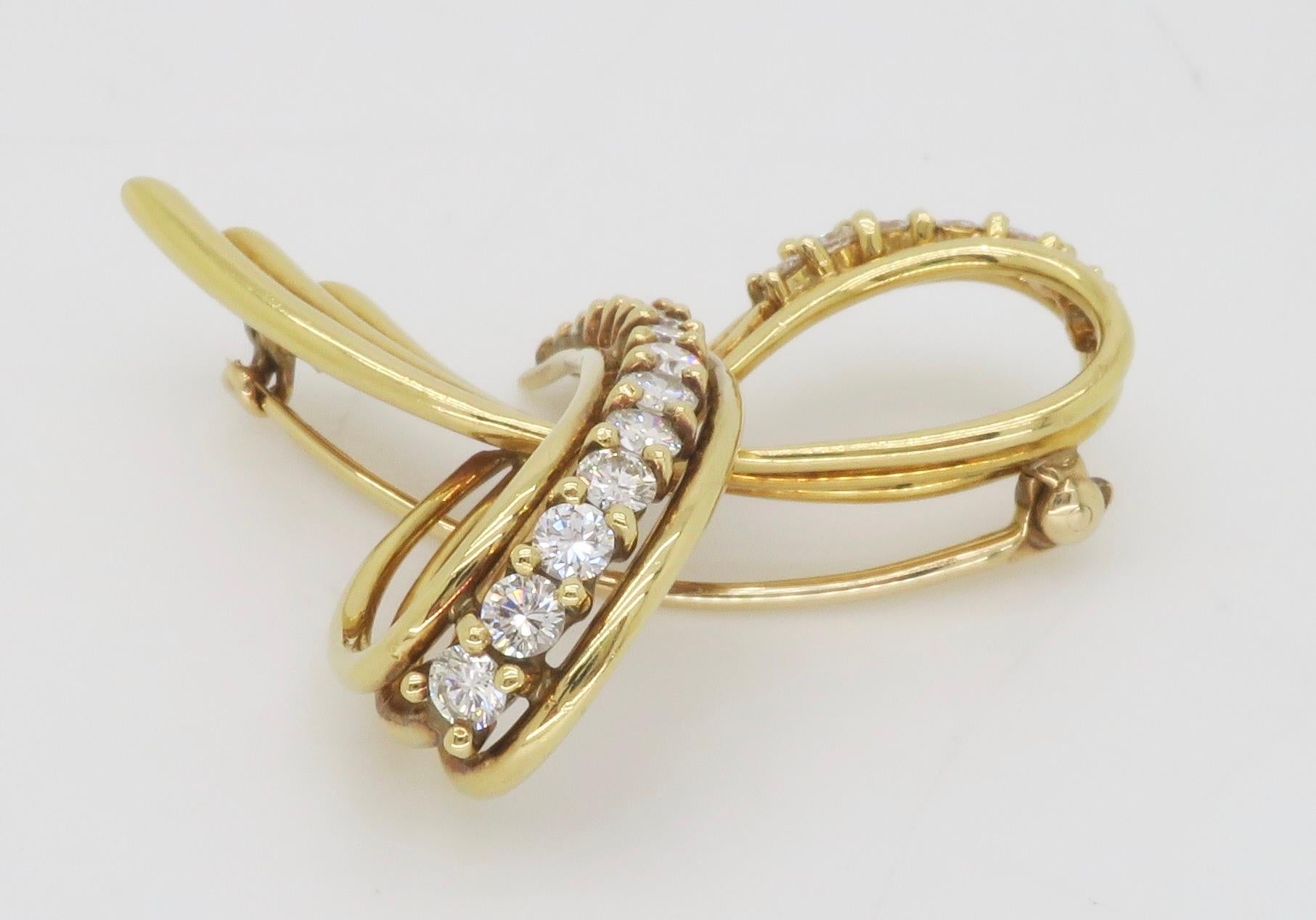 Round Cut Vintage Tiffany & Co. Diamond Bow Brooch in 18k Yellow Gold 