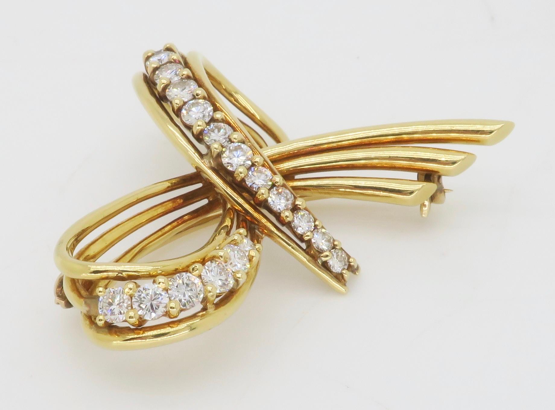 Vintage Tiffany & Co. Diamond Bow Brooch in 18k Yellow Gold  In Excellent Condition For Sale In Webster, NY