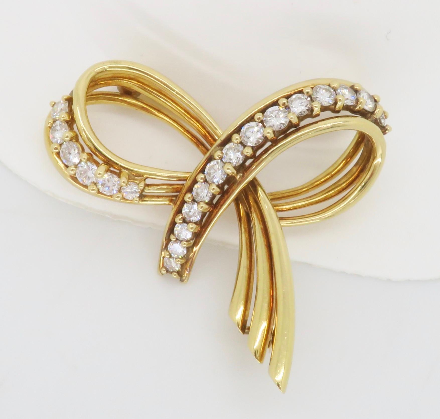 Women's or Men's Vintage Tiffany & Co. Diamond Bow Brooch in 18k Yellow Gold  For Sale