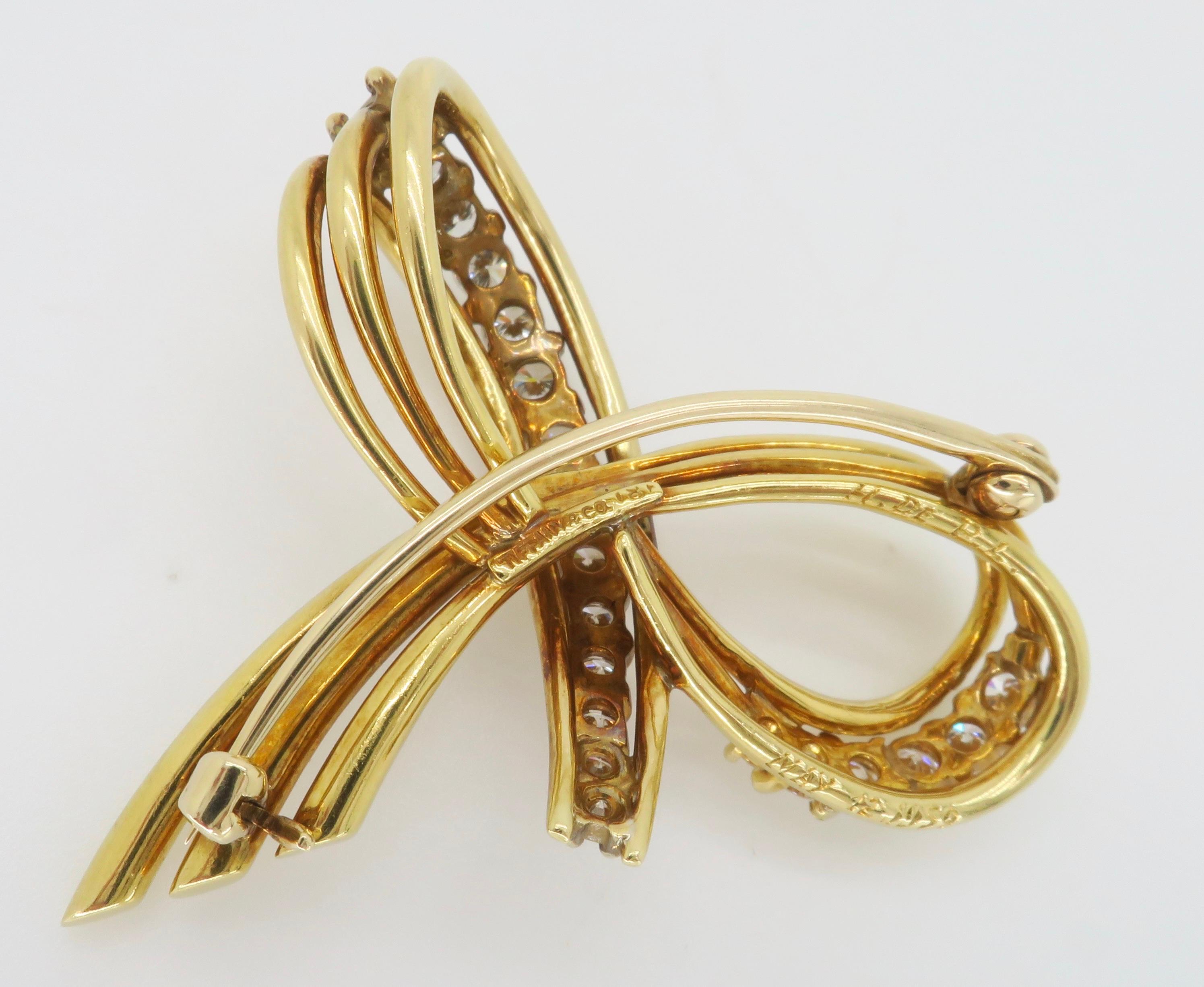 Vintage Tiffany & Co. Diamond Bow Brooch in 18k Yellow Gold  For Sale 1