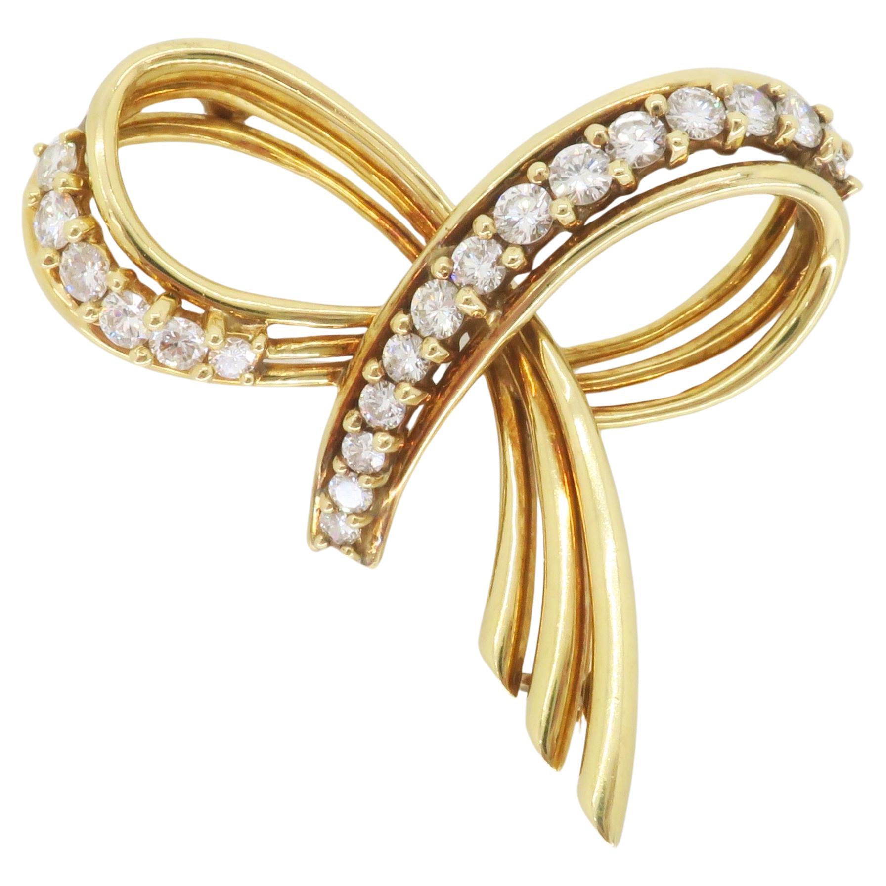 Vintage Tiffany & Co. Diamond Bow Brooch in 18k Yellow Gold  For Sale