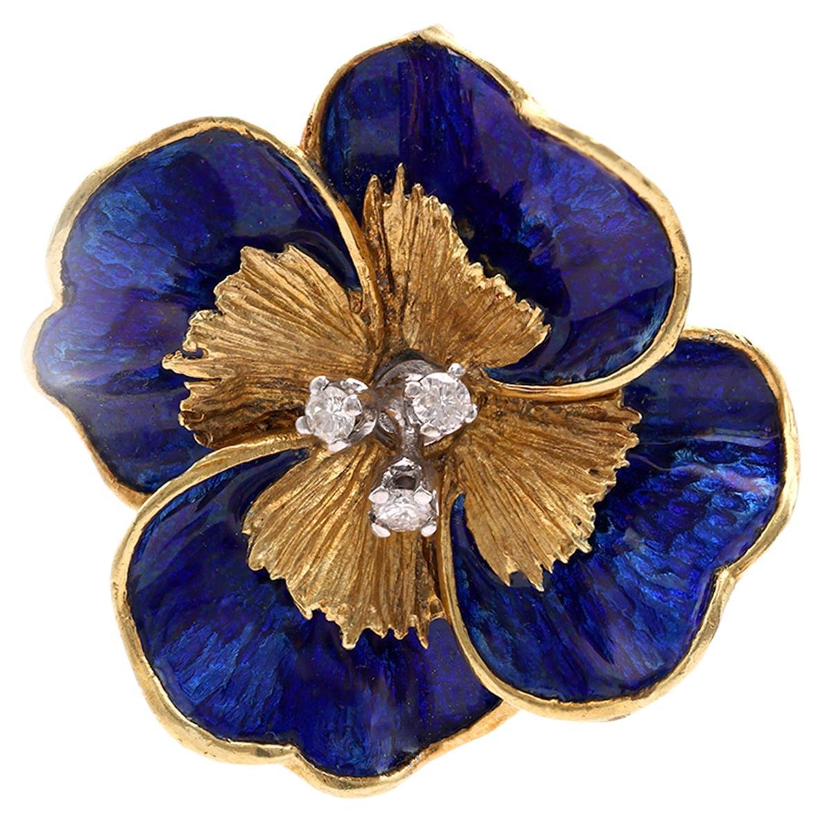 Vintage Tiffany & Co. Diamond Enamel 18k Yellow Gold Pansy Brooch For Sale