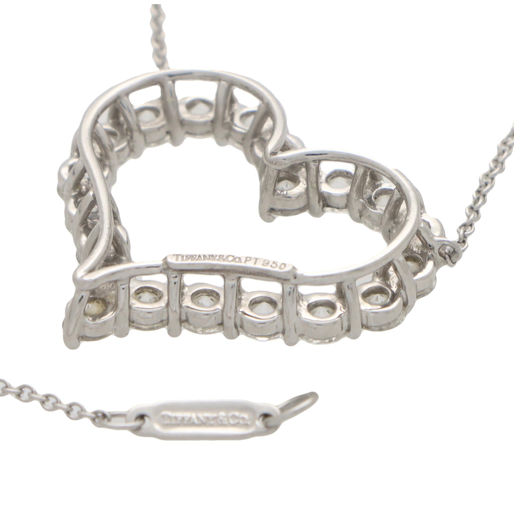 Round Cut Vintage Tiffany & Co. Diamond Heart Pendant Necklace Set in Platinum