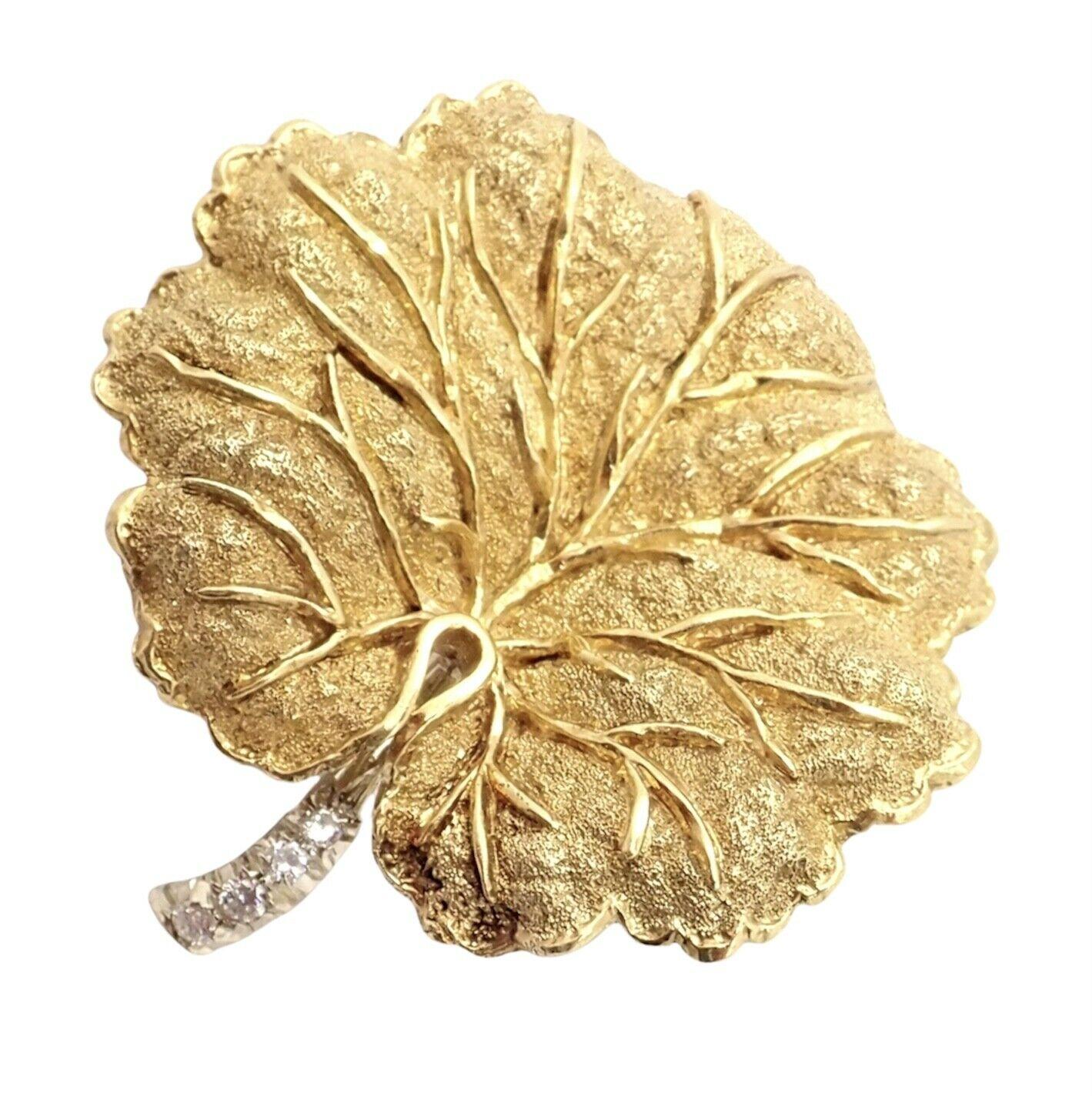 18k Yellow Gold Diamond Vintage Leaf Pin Brooch by Tiffany & Co. 
With 4 round brilliant cut diamonds VS1 clarity, G color total weight approximately .10ct
Details: 
Measurements: 35mm x 37mm
Weight: 15.2 grams
Stamped Hallmarks: Tiffany & Co 18k