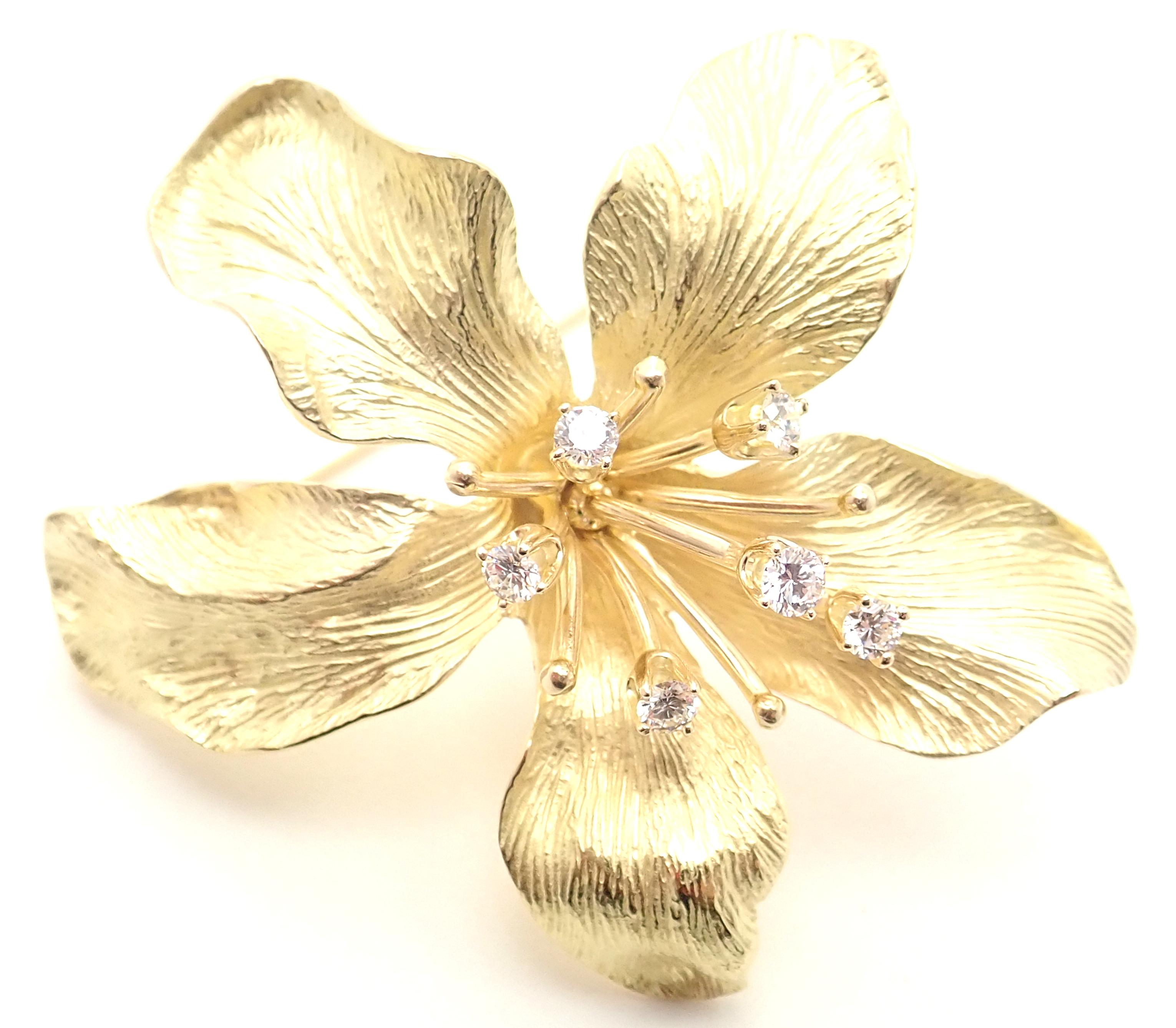 18k Yellow Gold Vintage Diamond Lily Flower Brooch Pins by Tiffany & Co. 
With 6 round brilliant cut diamonds VS1 clarity, G color total weight approximately .36ct
Details: 
Measurements: 1 3/4