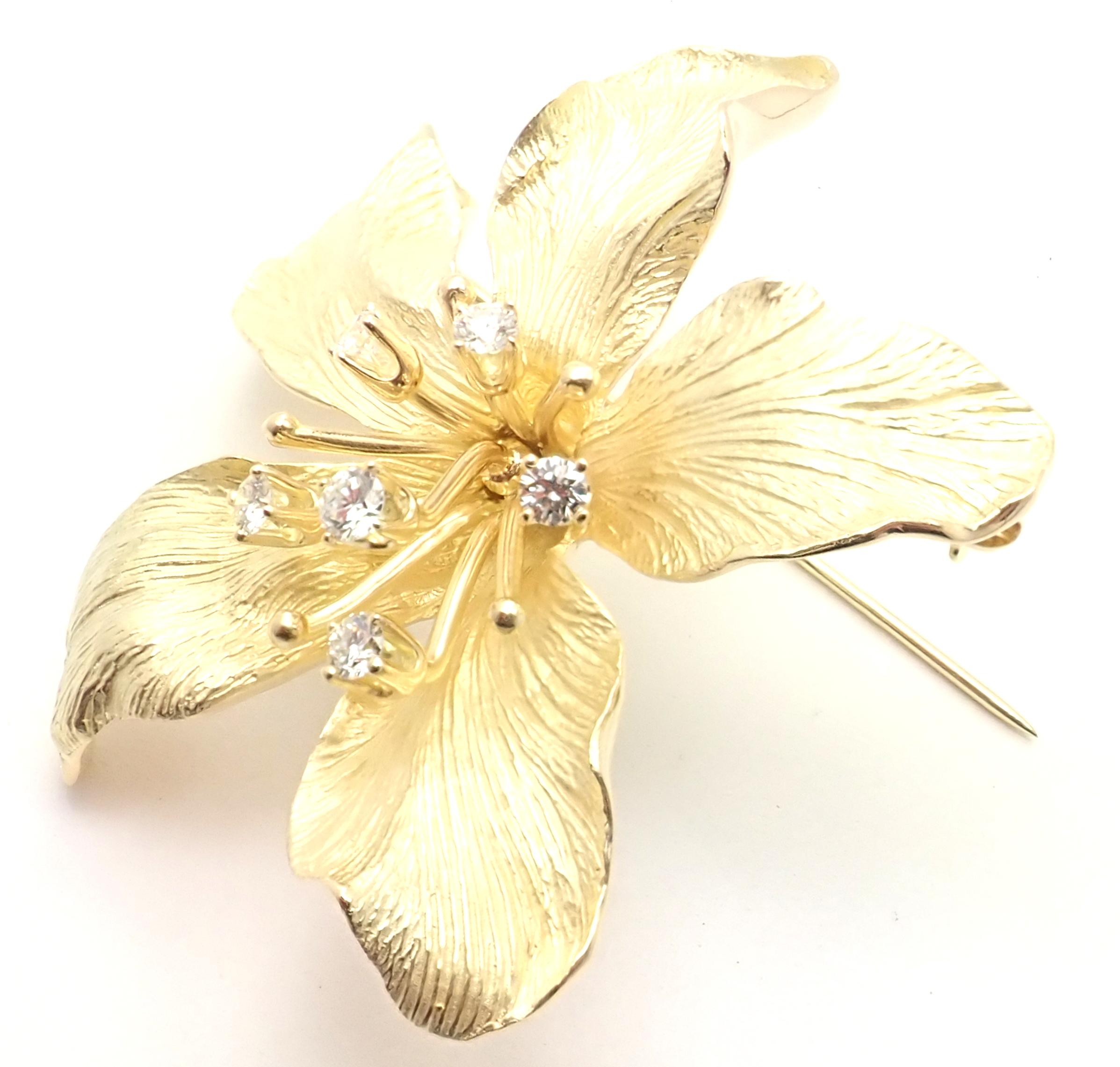 Brilliant Cut Vintage Tiffany & Co Diamond Lily Flower Yellow Gold Brooch Pin