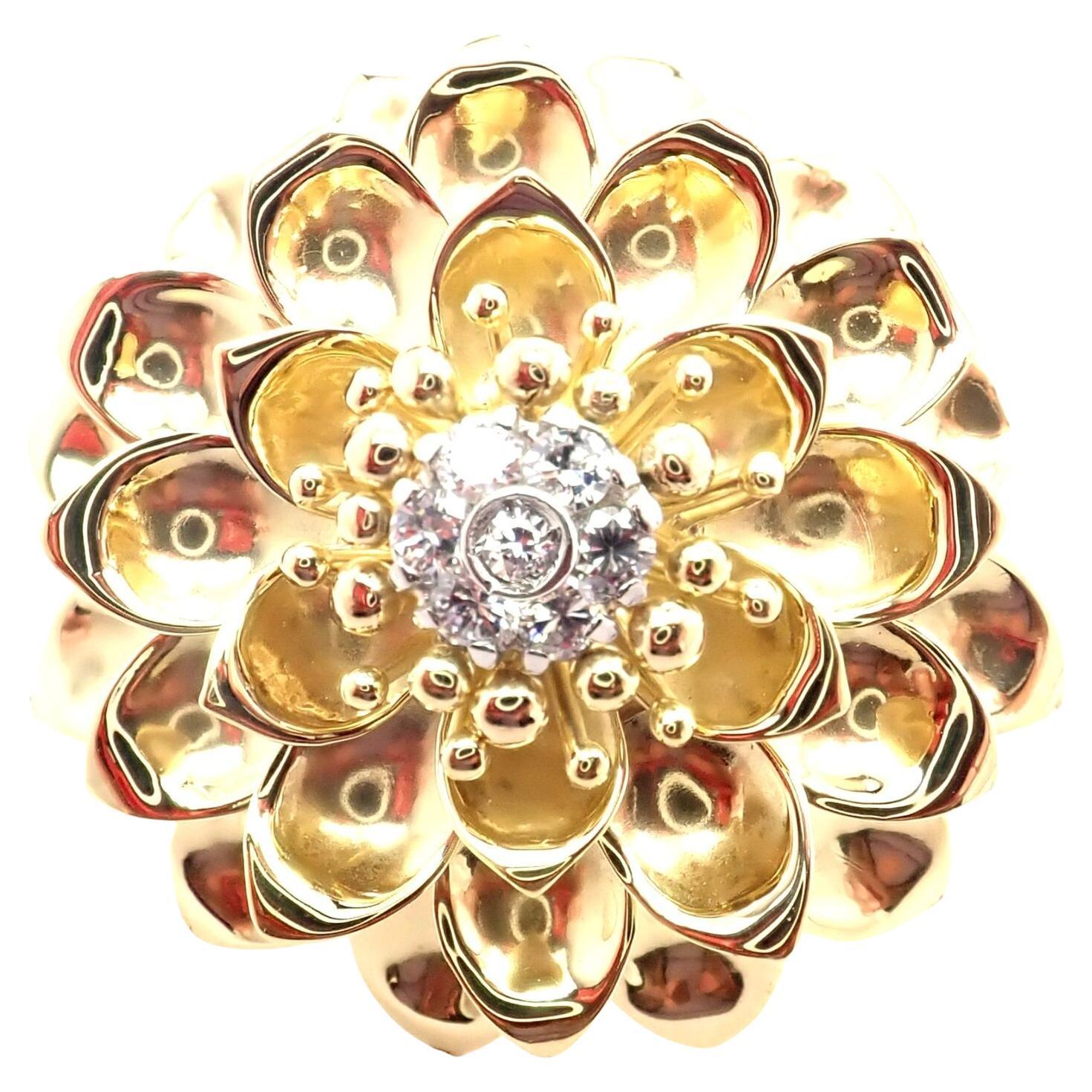 Vintage Tiffany & Co Diamond Lotus Flower Yellow Gold Brooch Pin