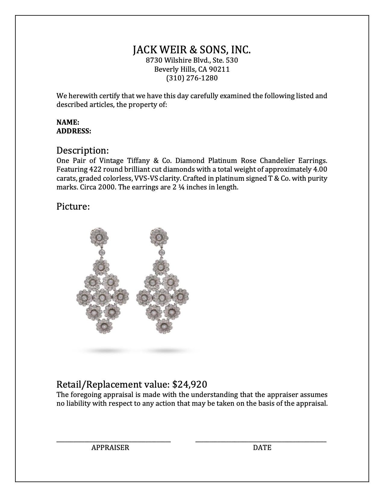 Vintage Tiffany & Co. Boucles d'oreilles chandelier en platine avec diamants et roses Unisexe en vente