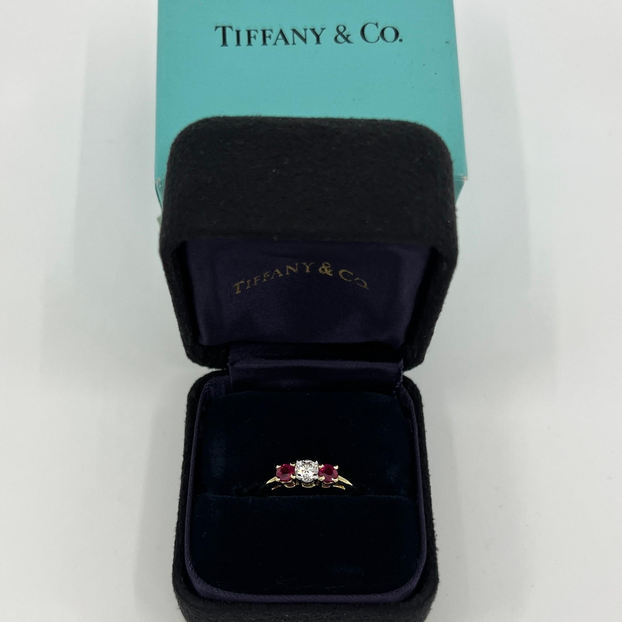 Round Cut Vintage Tiffany & Co Diamond & Ruby 18k Yellow Gold & Platinum Three Stone Ring For Sale