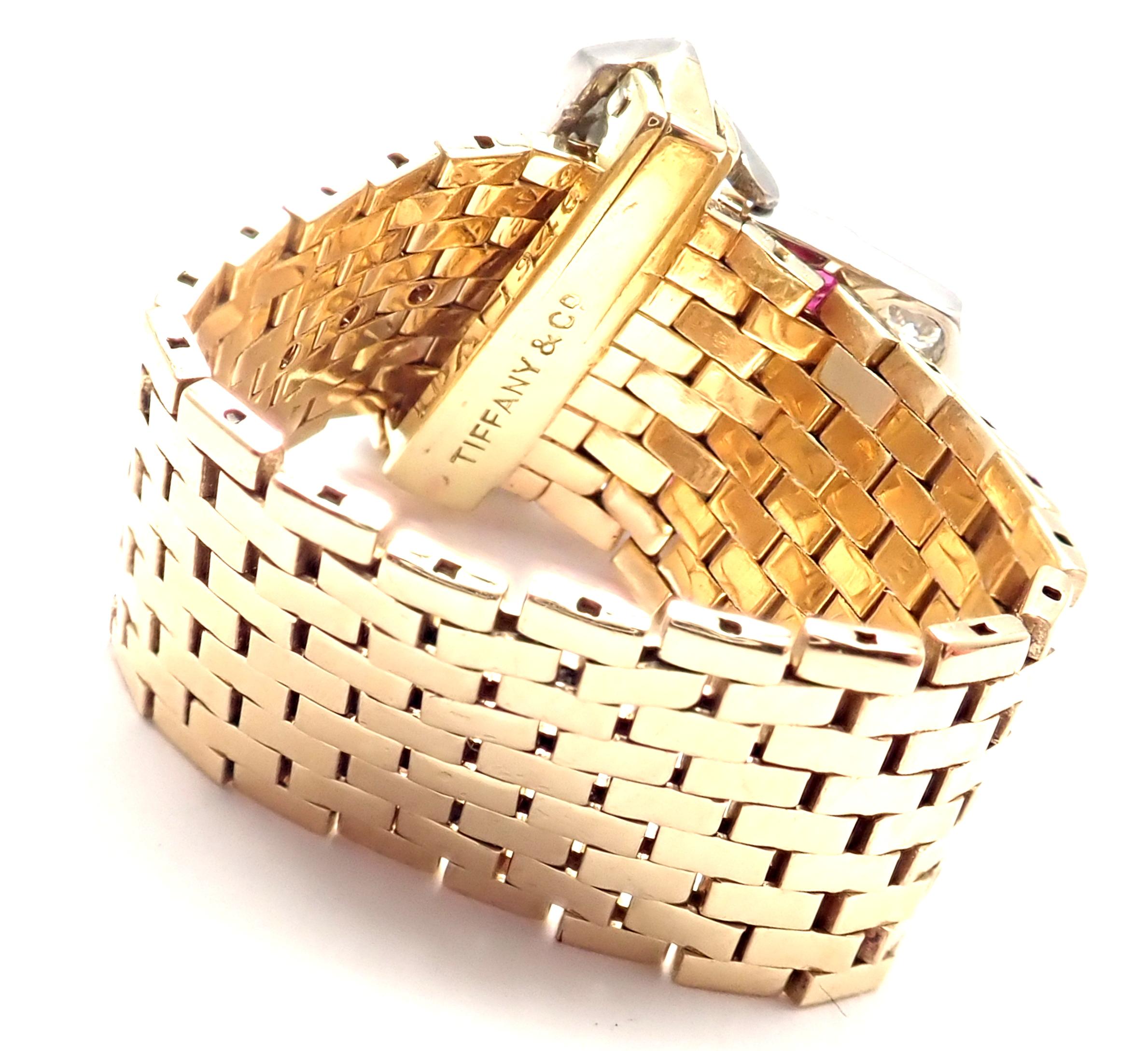 Vintage Tiffany & Co. Diamond Ruby Buckle Yellow Gold Platinum Band Ring In Excellent Condition In Southampton, PA