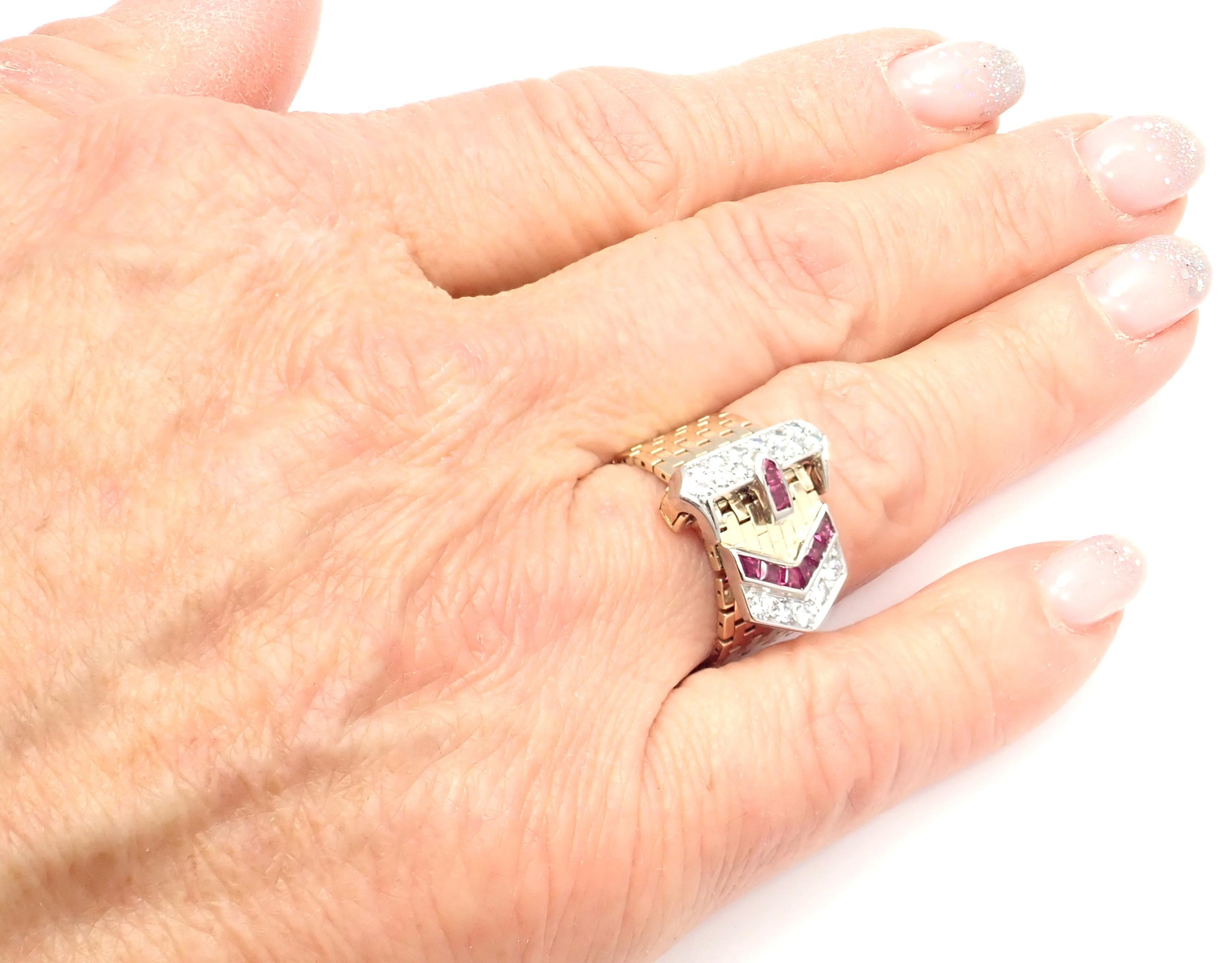 Vintage Tiffany & Co. Diamond Ruby Buckle Yellow Gold Platinum Band Ring 1