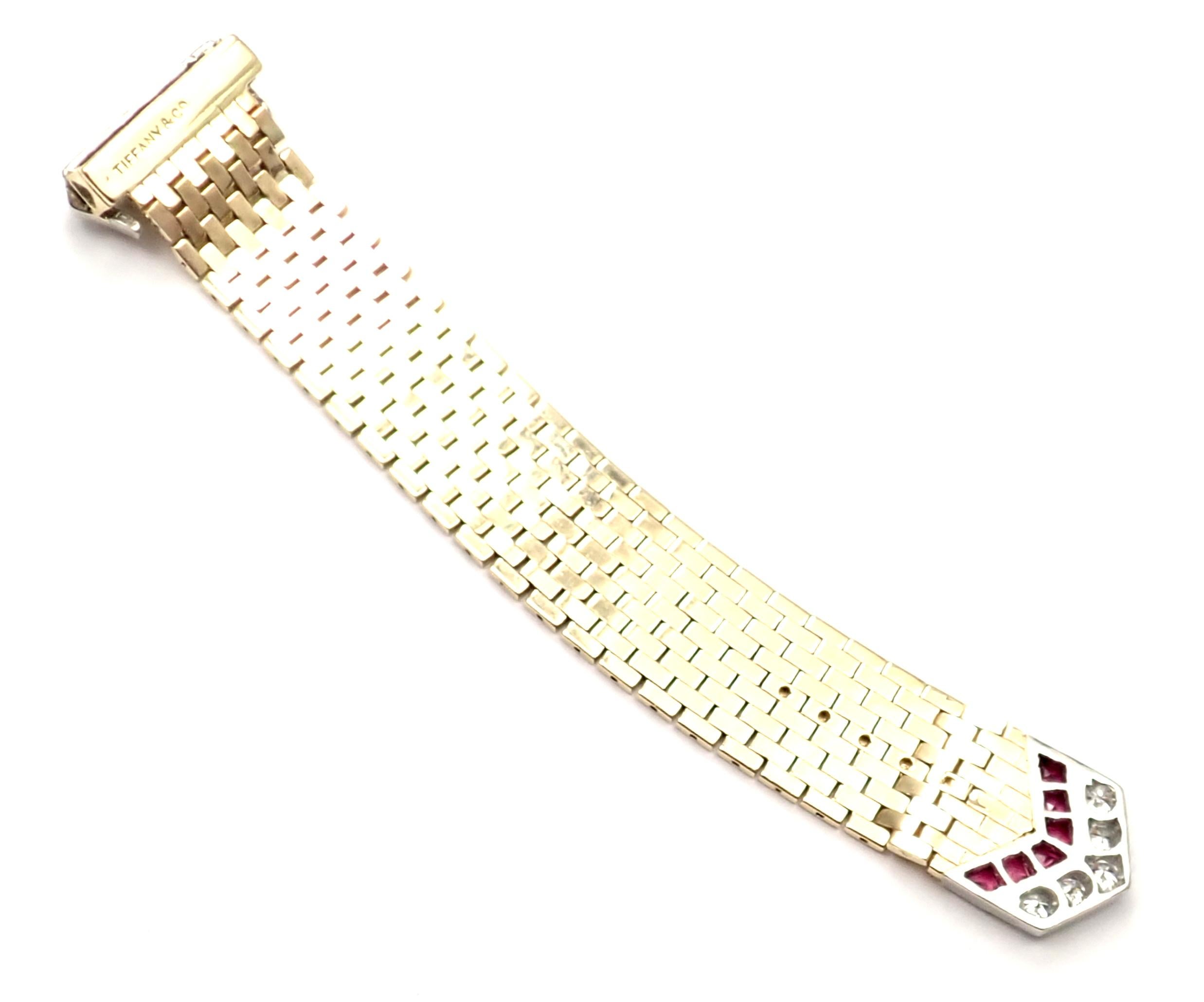 Vintage Tiffany & Co. Diamond Ruby Buckle Yellow Gold Platinum Band Ring 5