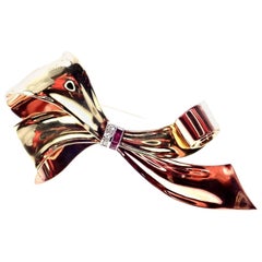 Vintage Tiffany & Co. Diamond Ruby Rose and Green Gold Bow Brooch Pin