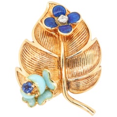 Vintage Tiffany & Co. Diamond Sapphire 18 Karat Gold Leaf Brooch