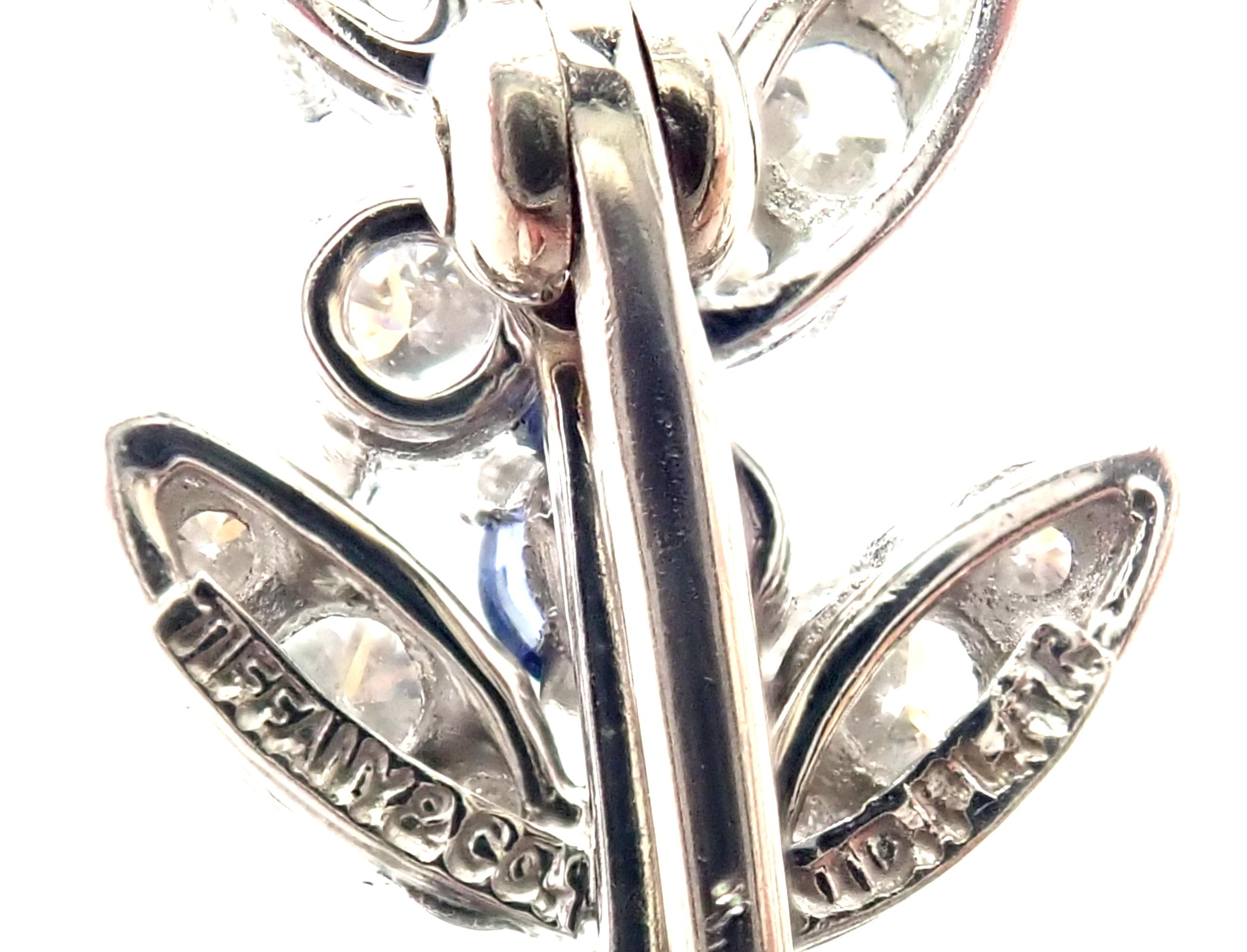 Vintage Tiffany & Co. Diamond Sapphire Flower Platinum Pin Brooch For Sale 1