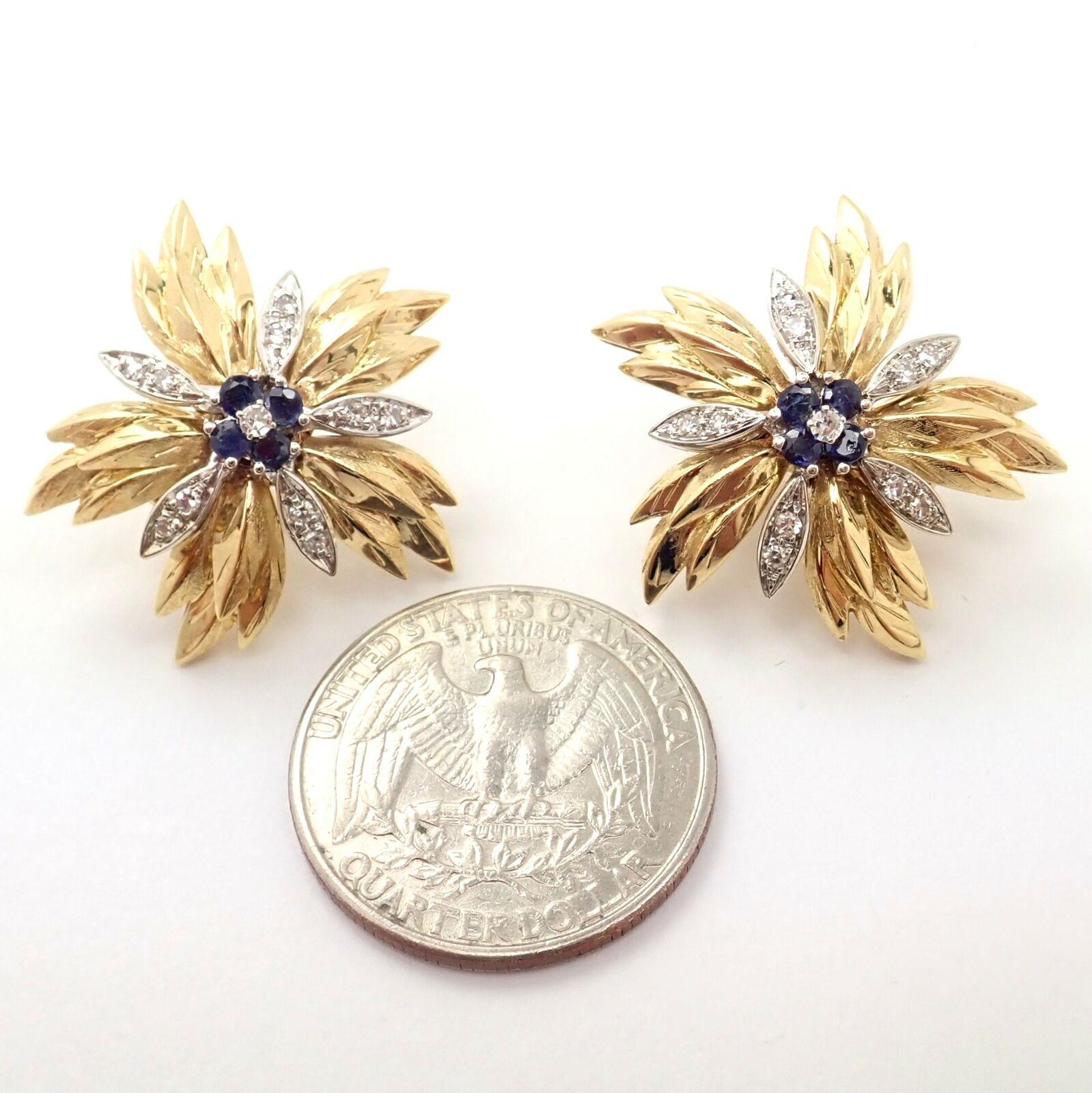 Vintage Tiffany and Co. Diamond Sapphire Yellow Gold Flower Earrings ...