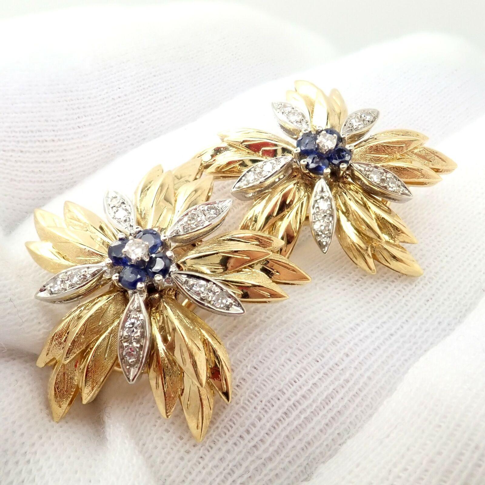 Vintage Tiffany & Co. Diamond Sapphire Yellow Gold Flower Earrings In Excellent Condition For Sale In Holland, PA