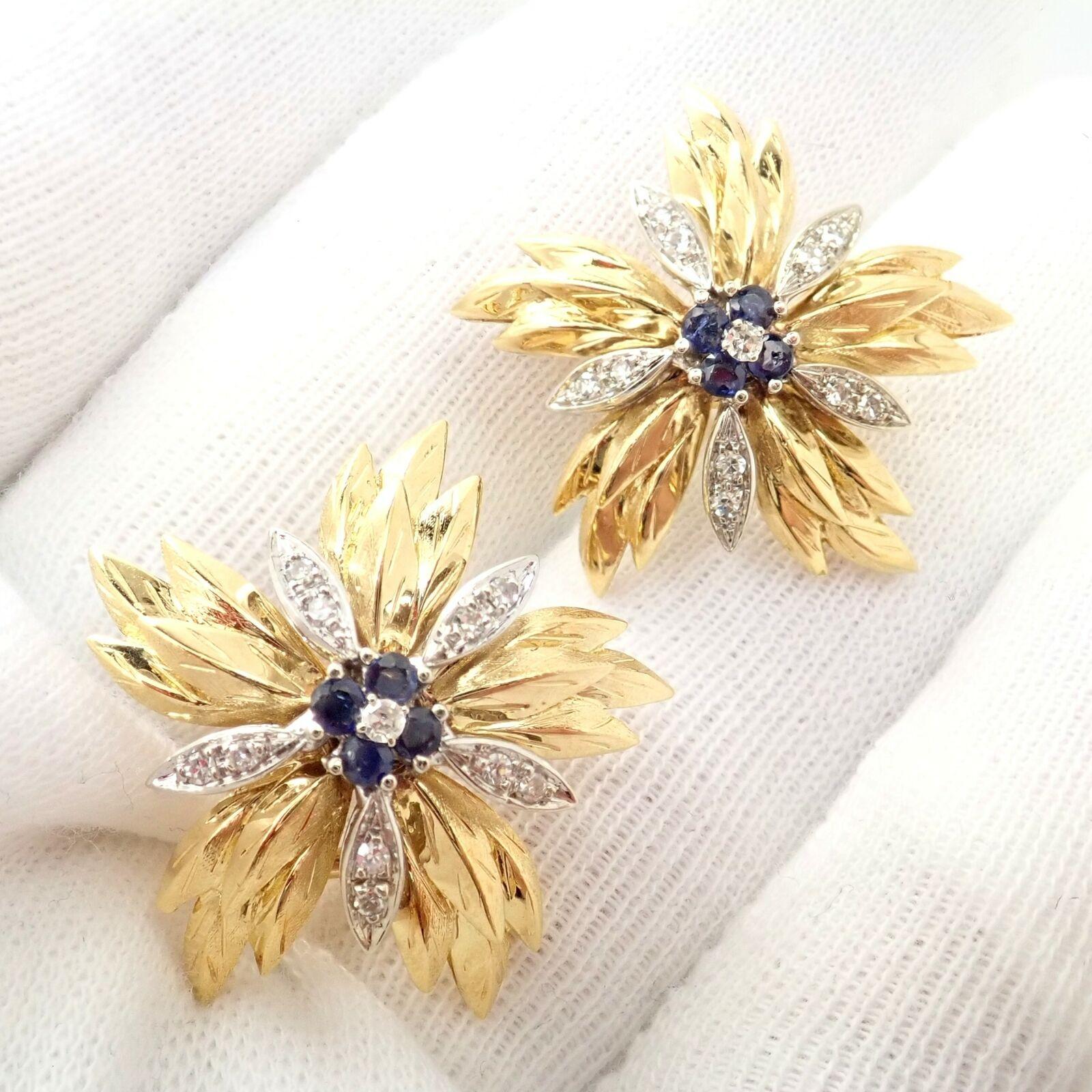 Women's or Men's Vintage Tiffany & Co. Diamond Sapphire Yellow Gold Flower Earrings For Sale