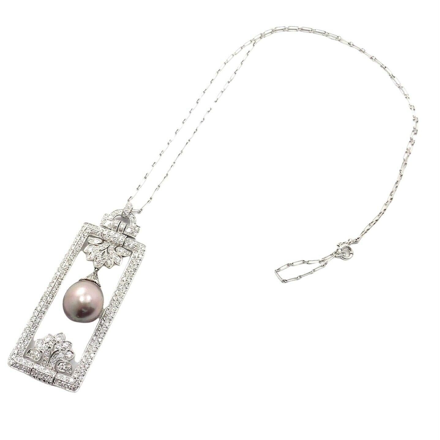 Platinum Diamond Tahitian South Sea Pearl Vintage Pendant Necklace by Tiffany & Co. 
With 1 Tear Drop South Sea Tahitian Pearl with high luster. 10mm x 10.75mm
Approximately 220 Round brilliant cut diamonds VS1 clarity, G color total weight approx.