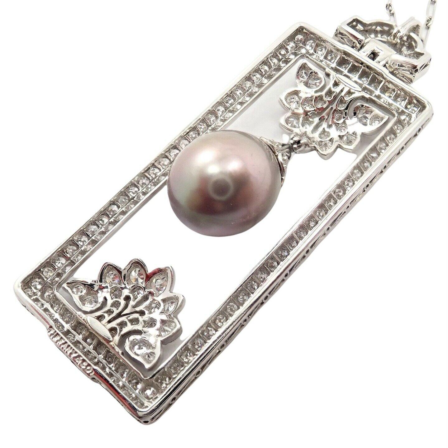 Brilliant Cut Vintage Tiffany & Co. Diamond Tahitian Pearl Platinum Pendant Necklace