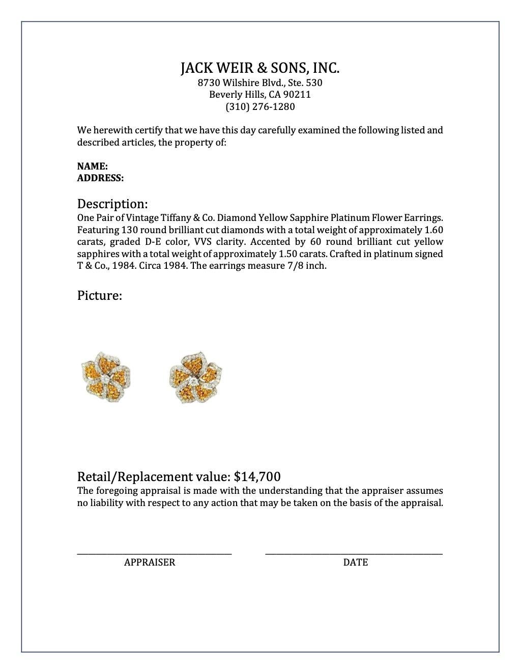 Vintage Tiffany & Co. Diamond Yellow Sapphire Platinum Flower Earrings 2