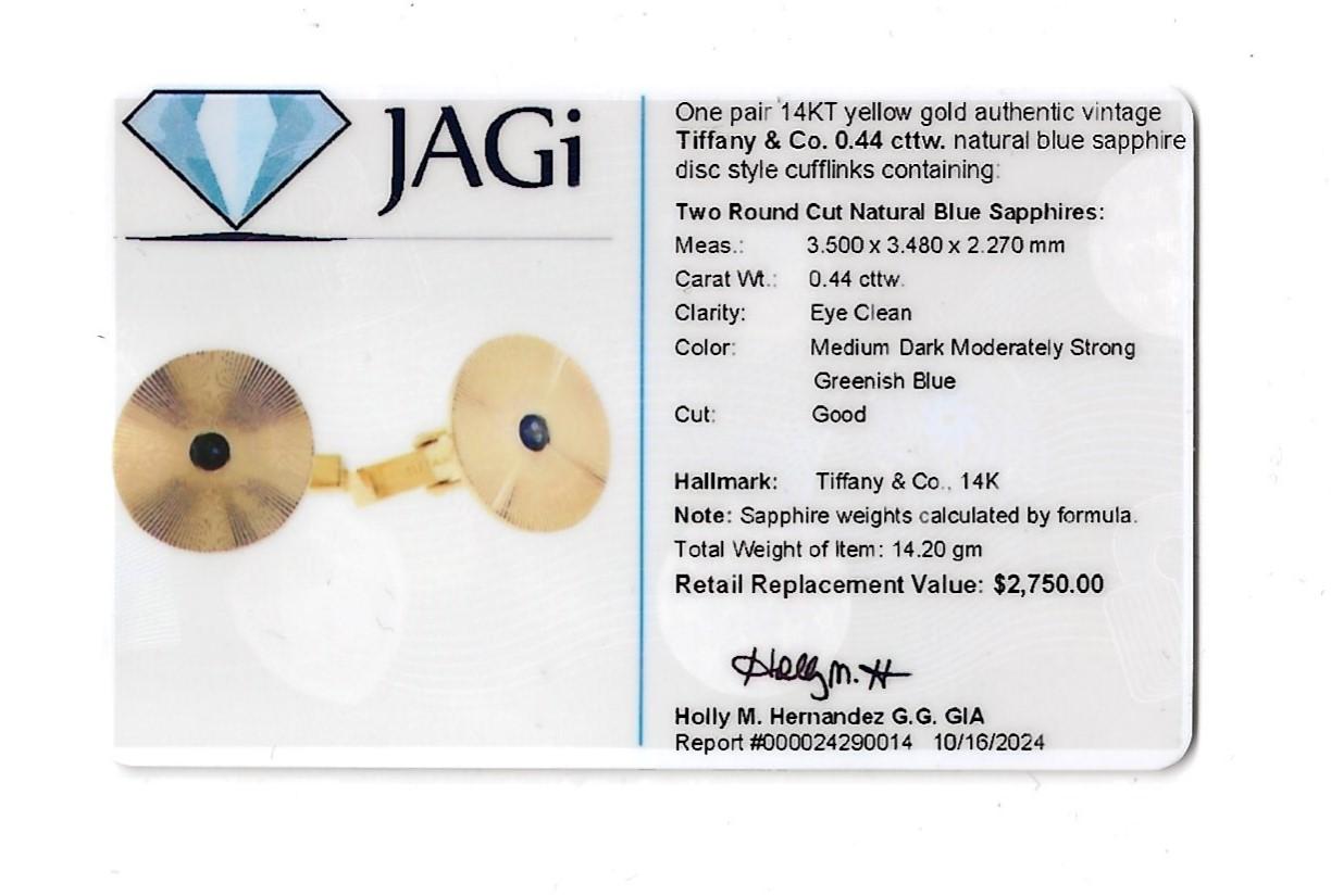 Vintage Tiffany & Co. Disc Style 14 Karat Yellow Gold Cufflinks with Sapphires For Sale 1