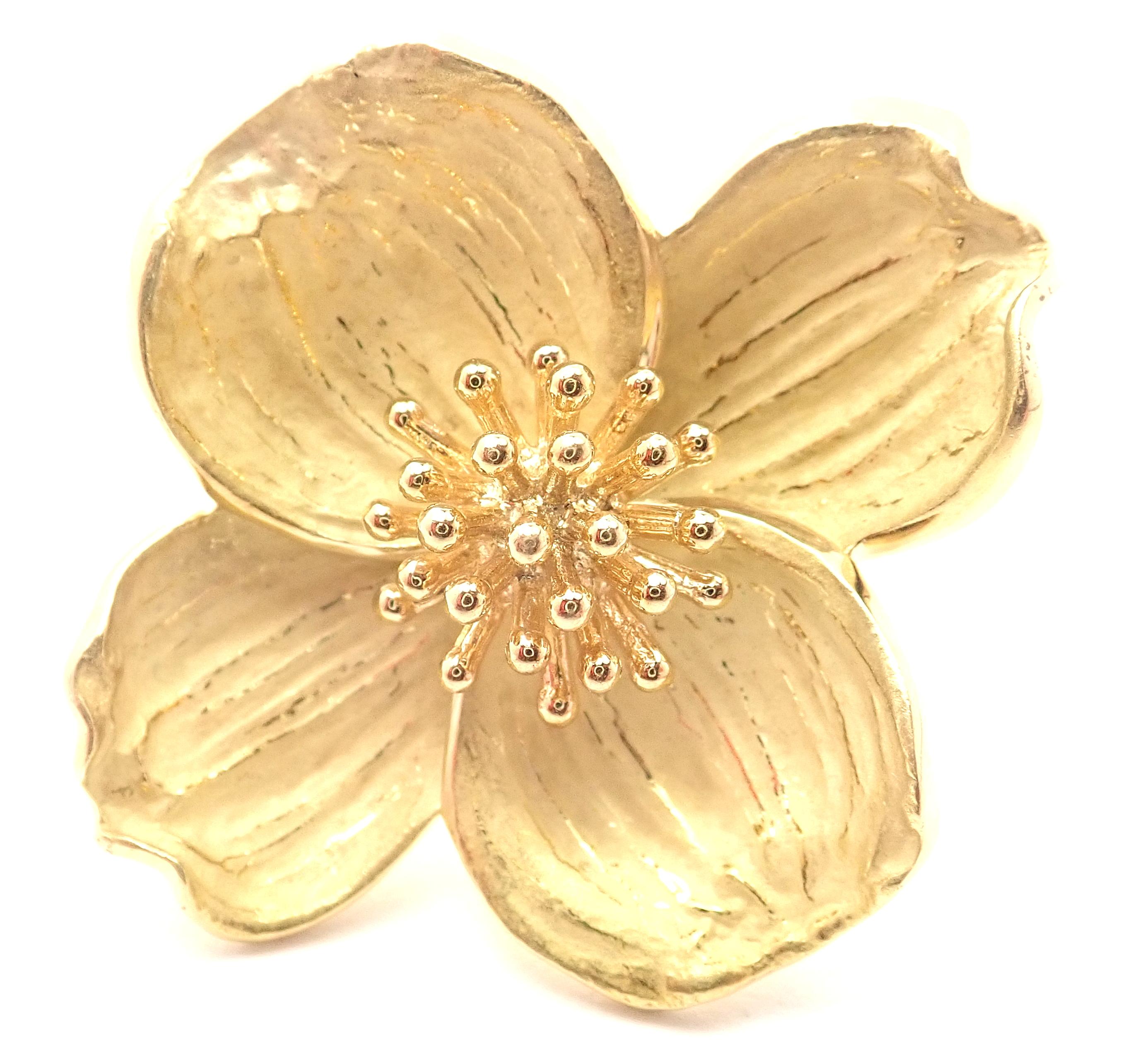 18k Yellow Gold Dogwood Flower Vintage Brooch by Tiffany & Co.
Details: 
Measurements: 34mm x 37mm 
Weight: 20.1 grams
Stamped Hallmarks: Tiffany & Co 750 
*Free Shipping within the United States*
YOUR PRICE: $3,000
T2888mlle