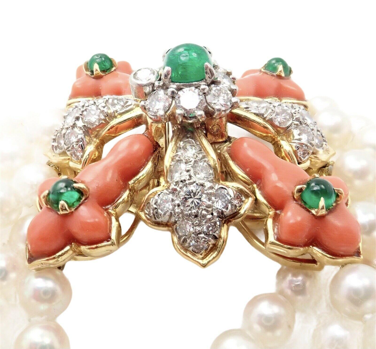 18k Yellow Gold Diamond Coral Emerald Pearl Bracelet by Donald Claflin for Tiffany & Co. 
With 52 Round Brilliant Cut Diamonds, VVS1, E Color
Total Approx Weight 3.00ctw
5 Emeralds Total Approx Weight 3ctw
3 Fancy Cut Corals
Details: 
Weight: 71.1