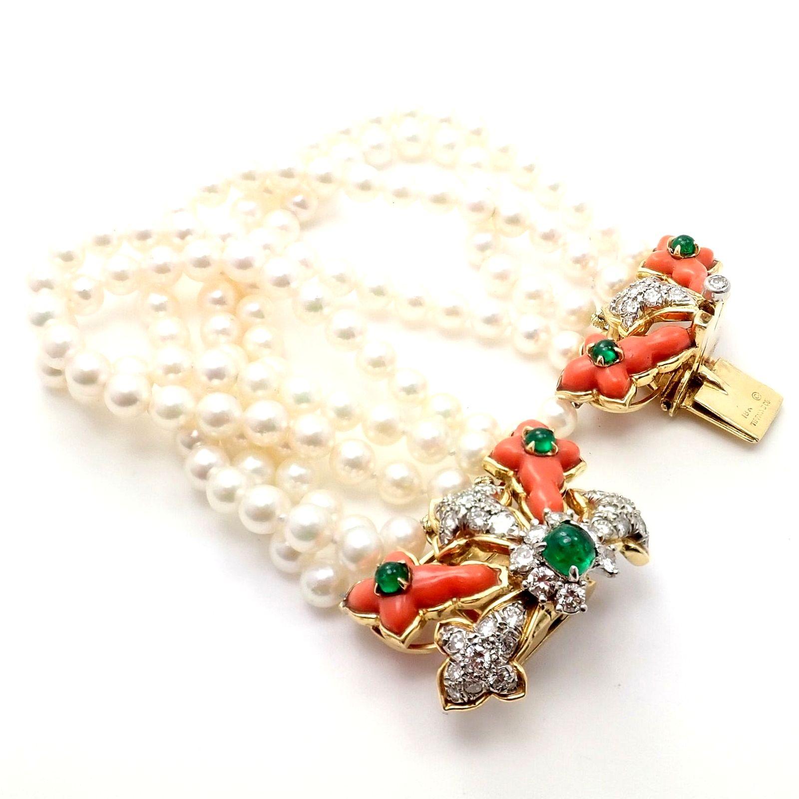 Women's or Men's Vintage Tiffany & Co Donald Claflin Pearl Coral Emerald Diamond Gold Bracelet