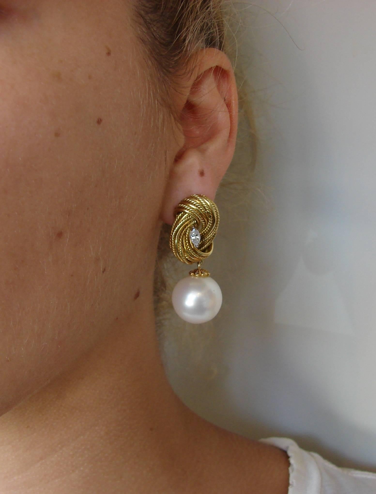 Marquise Cut Vintage Tiffany & Co. Earrings 18k Yellow Gold Pearl Diamond
