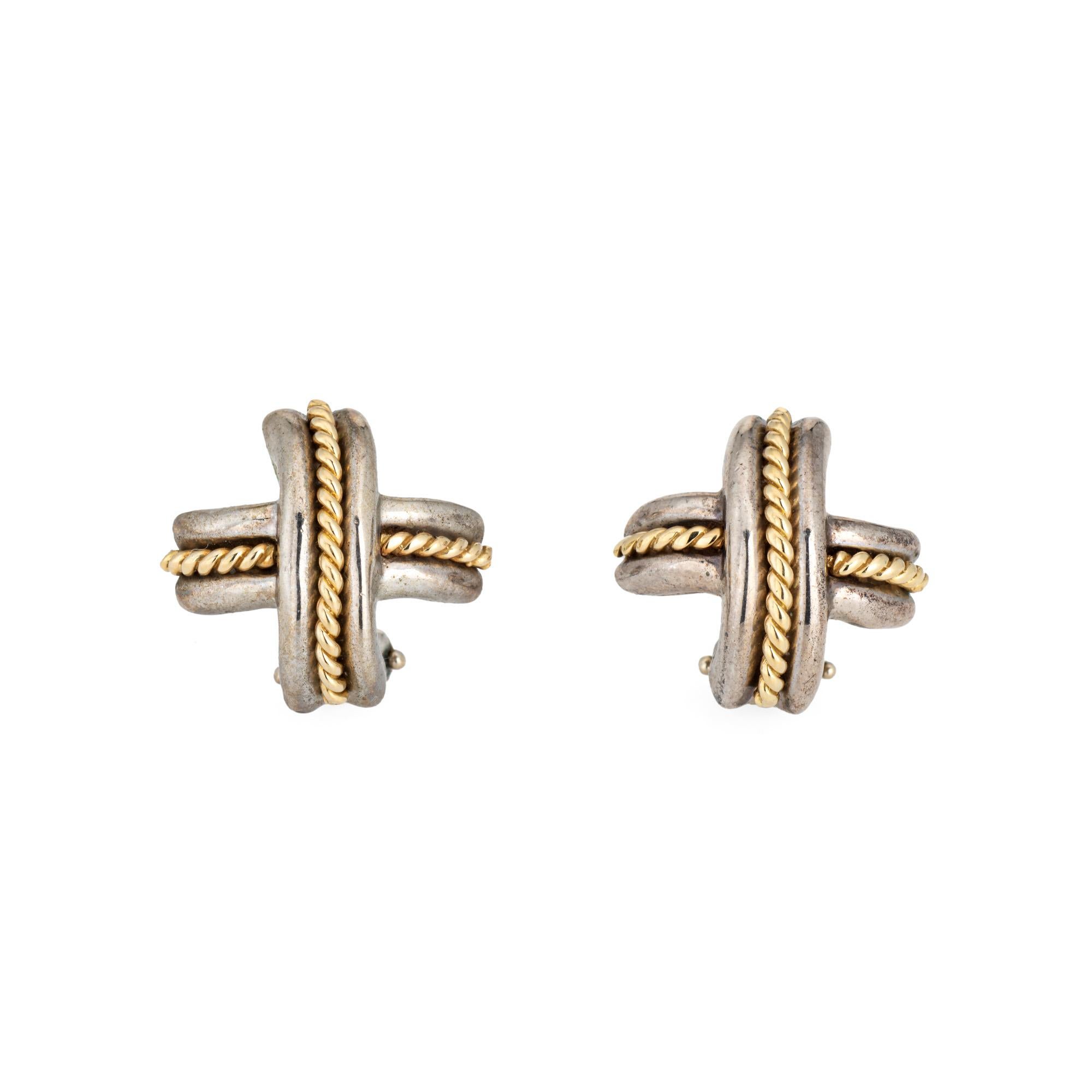 Vintage Tiffany & Co Earrings c1990 Signature X Cross Sterling Silver 18k Gold In Good Condition In Torrance, CA