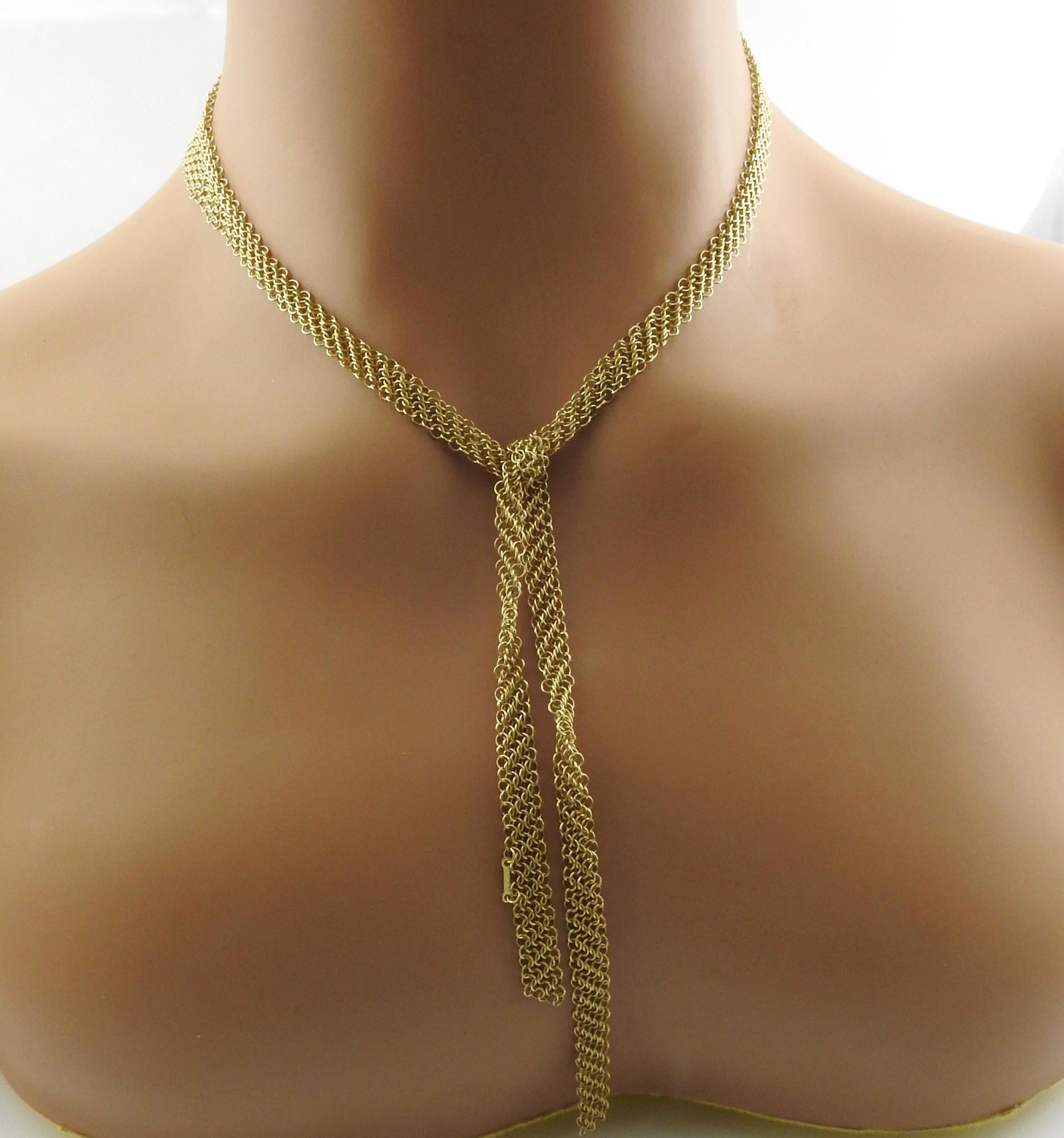 Women's or Men's Vintage Tiffany & Co Elsa Peretti 18 Karat Yellow Gold Mesh Bib Tie Necklace Box