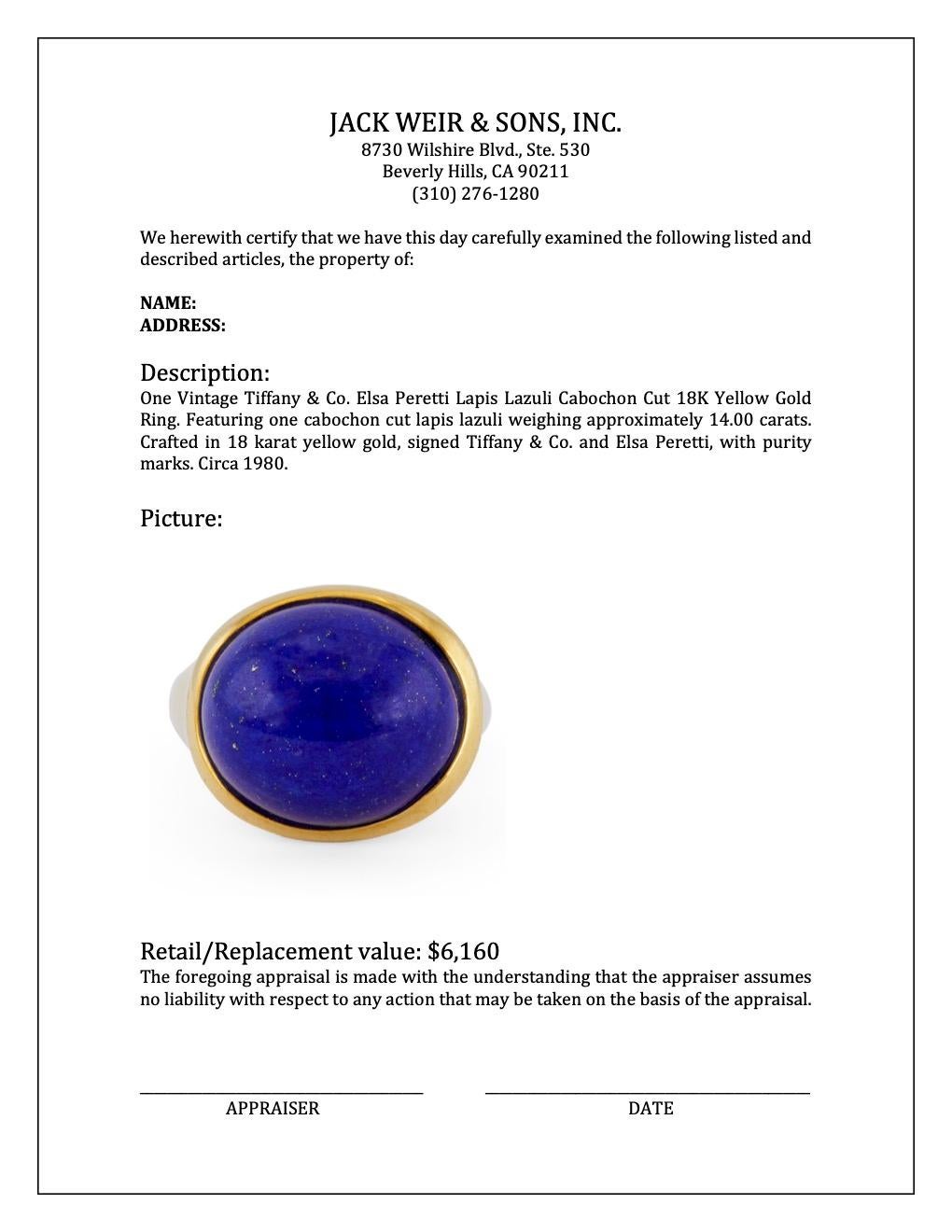 Vintage Tiffany & Co. Elsa Peretti Lapis Lazuli Cabochon Cut 18K Gold Ring 1