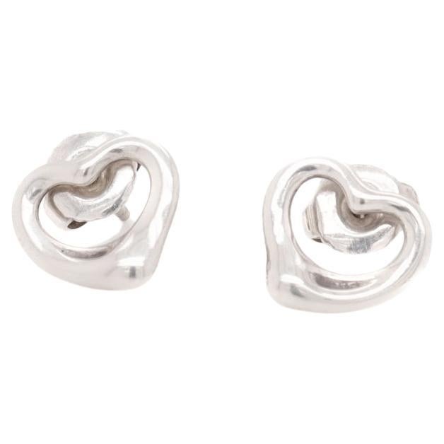 Vintage Tiffany & Co Elsa Peretti Open Heart Sterling Silver Stud Earrings For Sale