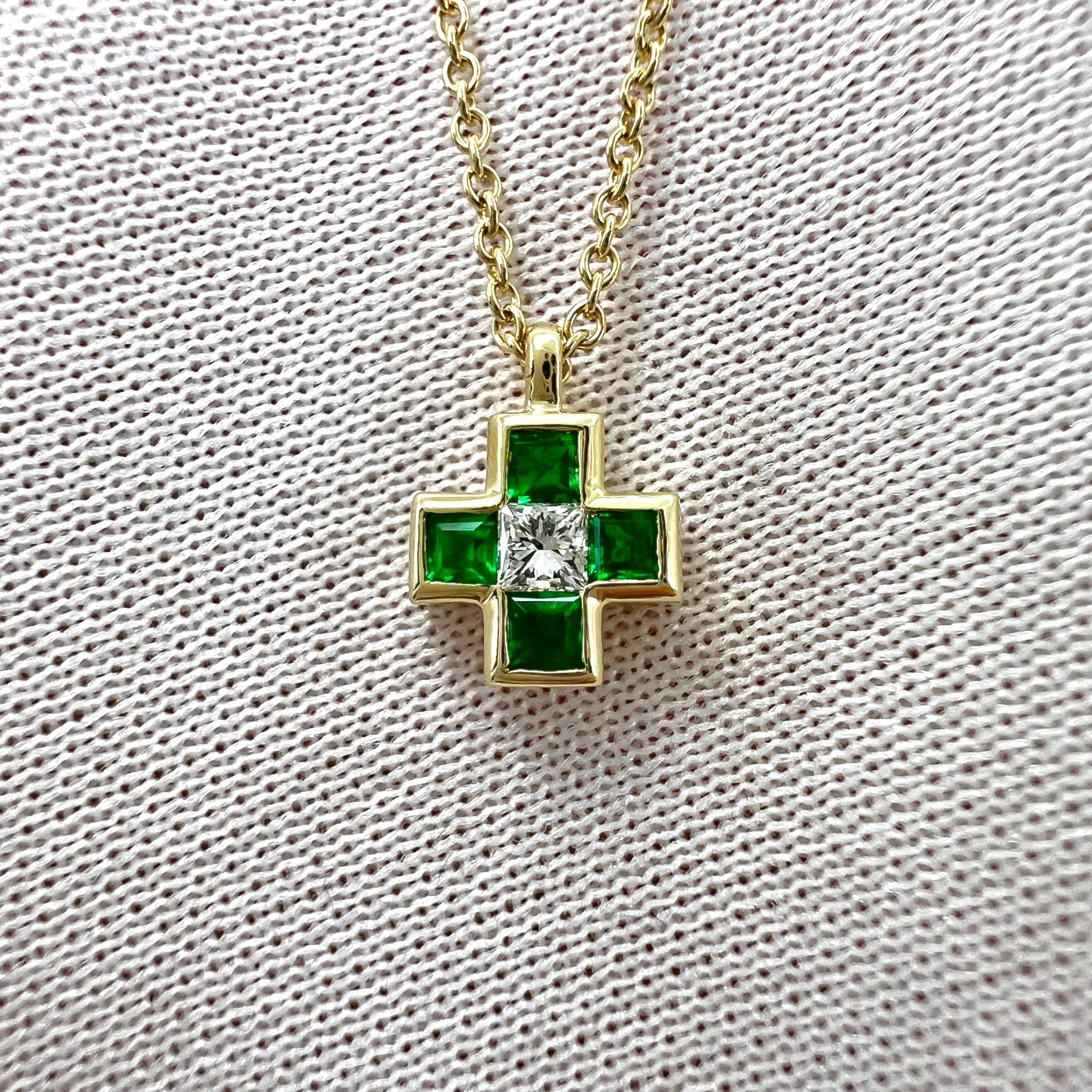 Vintage Tiffany & Co. Emerald And Diamond Cross 18k Yellow Gold Pendant Necklace.

A beautiful and rare authentic Tiffany & Co diamond and emerald set cross.
The cross measures approx. 7mm with 2mm stones and hangs on a 16' chain.

The pendant is