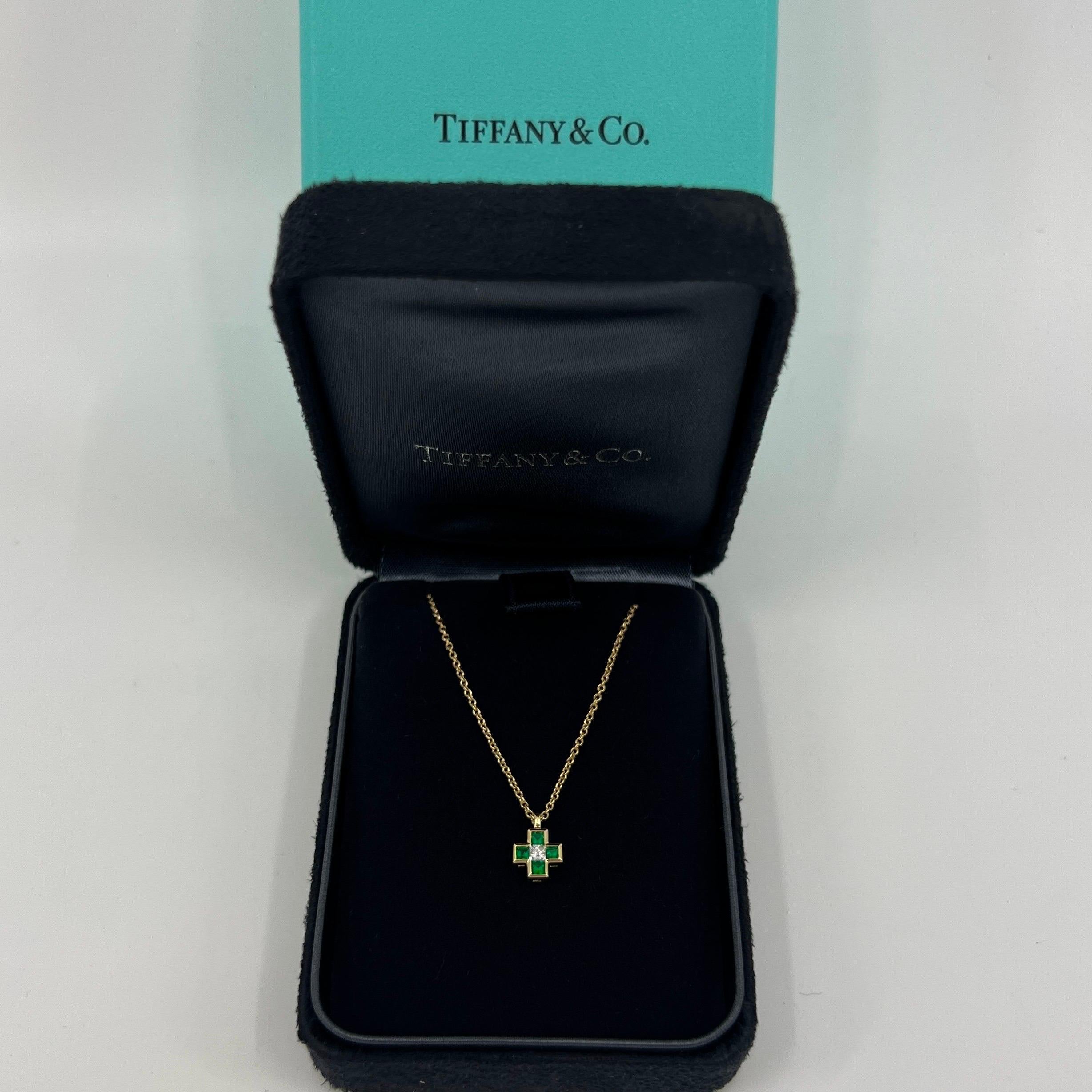 Square Cut Vintage Tiffany & Co. Emerald And Diamond Cross 18k Yellow Gold Pendant Necklace