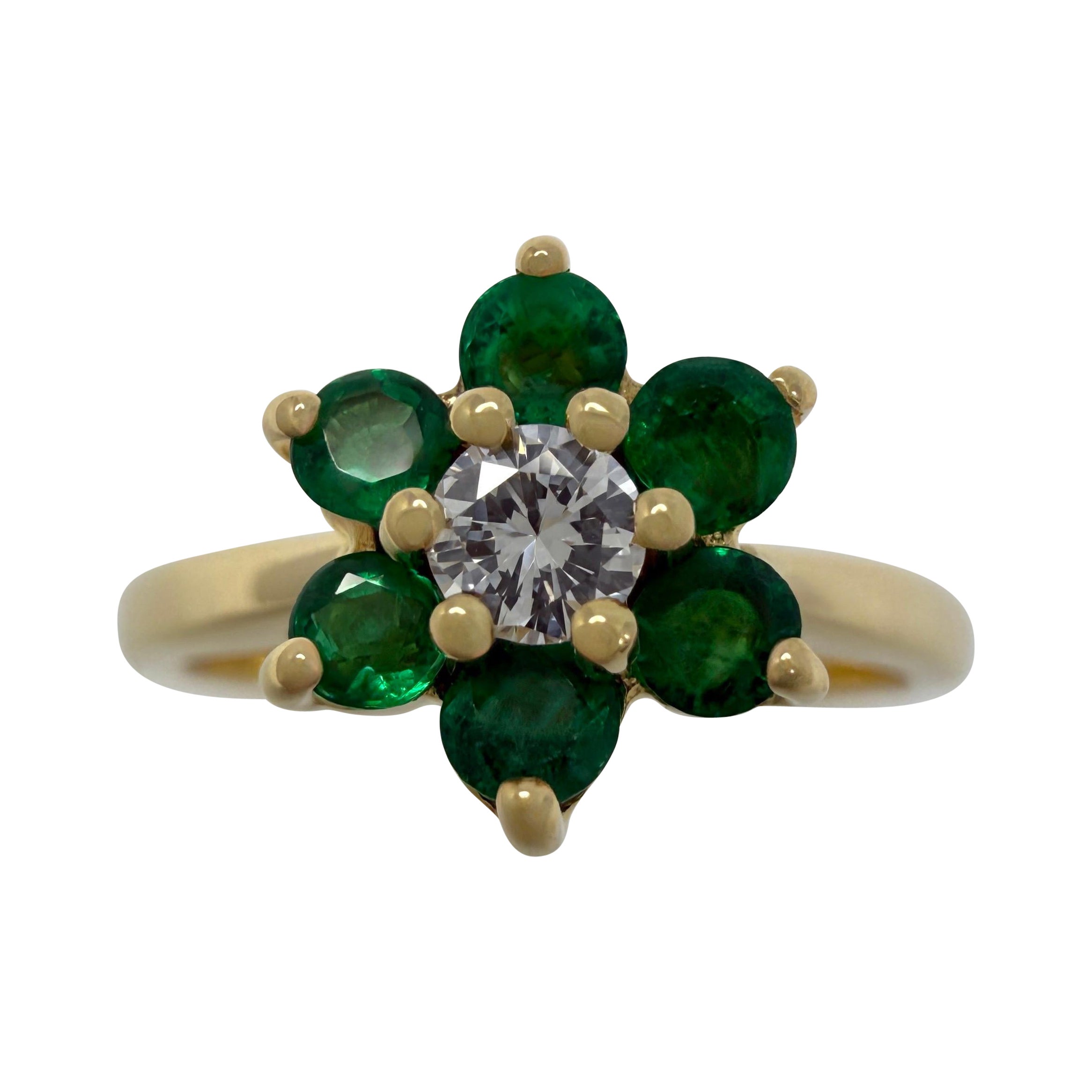 Vintage Tiffany & Co. Emerald And Diamond Flower 18k Yellow Gold Cluster Ring