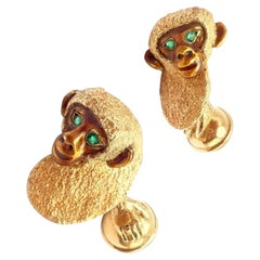 Vintage Tiffany & Co. Emerald Enamel Monkey Yellow Gold Cufflinks