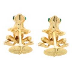 Vintage Tiffany & Co. Emerald Eye Frog Swivel Cufflinks in 18k Yellow Gold